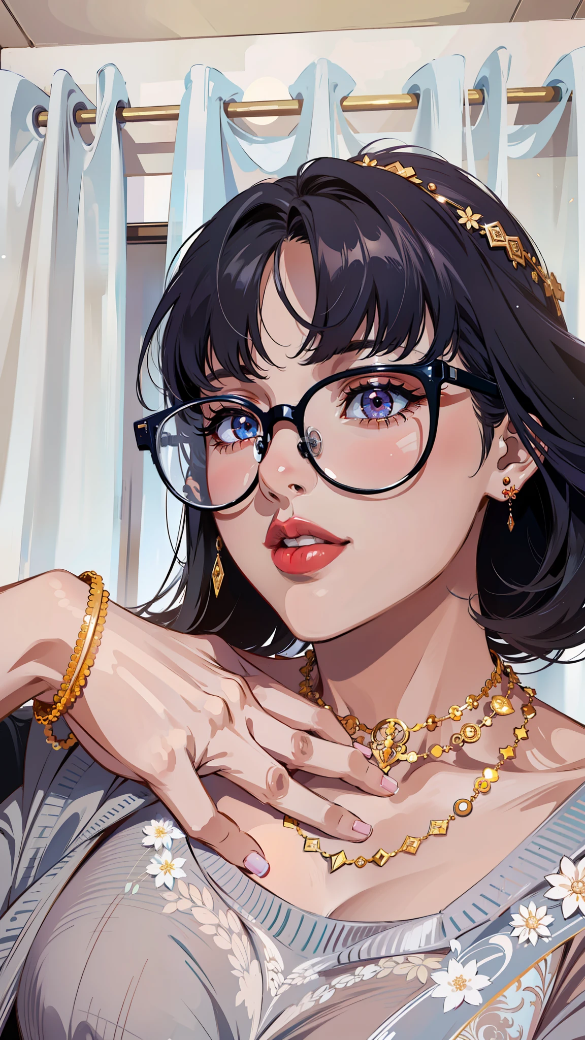 (masterpiece),(best quality:1.0), (ultra highres:1.0), detailed illustration, 8k, anime, 1girl, beautiful anime girl, wearing a gray dress, earrings , jewellery, intricate details, black eyes, detailed eyes, glasses, black hair, detailed hair detailed, highlights on hair, hand on chest, slight smile, red lipstick, ree lips, anime style, best quality, detailed
