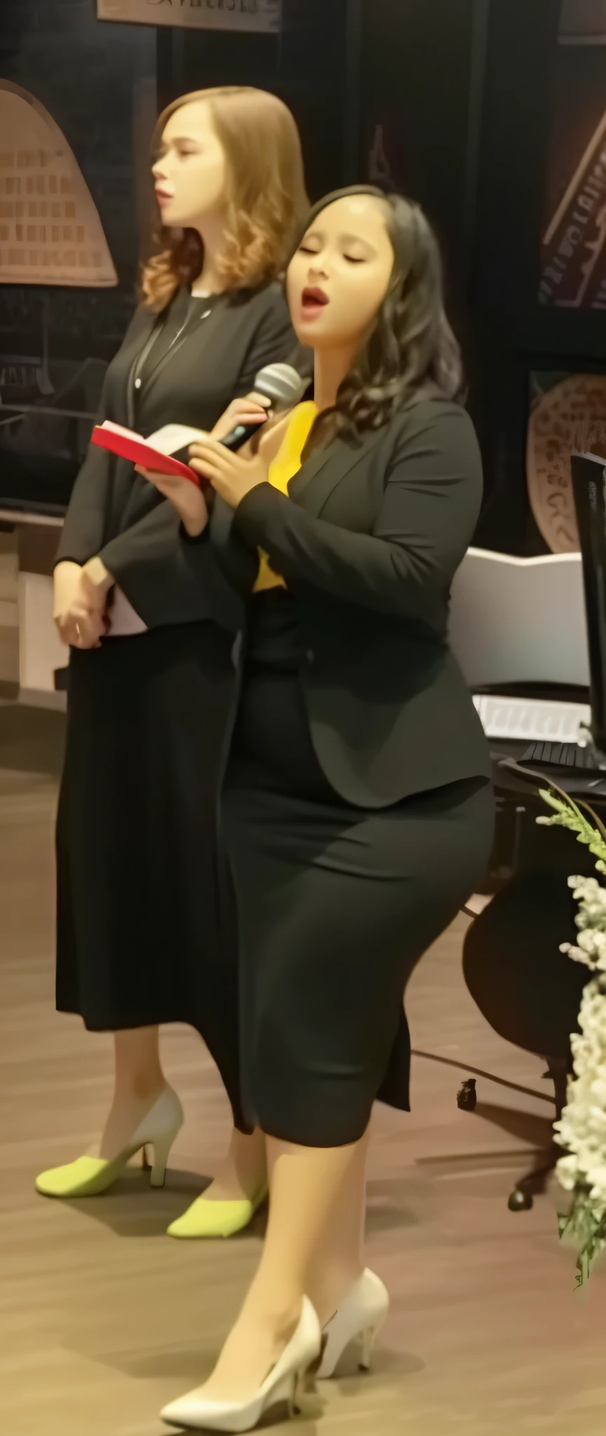 Woman in black dress singing into the microphone confidently, hips wide as another woman accompanies her, captured in a stunning profile picture for Instagram. (hyper-realistic), (illustration), (high resolution), (8K), (extremely detailed), (best illustration), (beautiful detailed eyes), (best quality), (ultra-detailed), (masterpiece), (wallpaper), (detailed face), solo 1 girl, white wavy hair, Korean, heterochromic eyes, small moles under the eyes, baggy white shirt, yoga pants, large breasts, long legs, tight abs, camel's fingers, dynamic pose