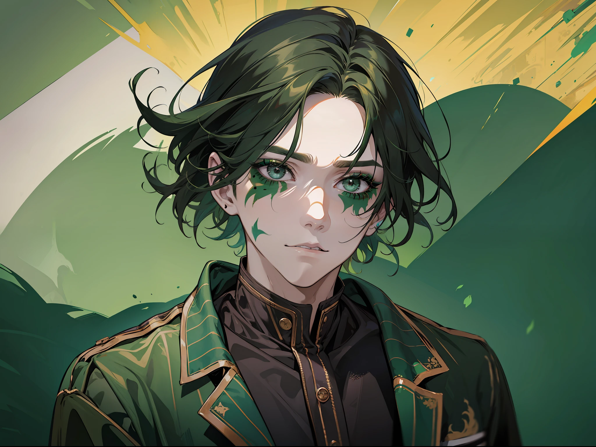 A man with dark green hair, wearing old clothes, with Halloween makeup painted on his face, cute and handsome