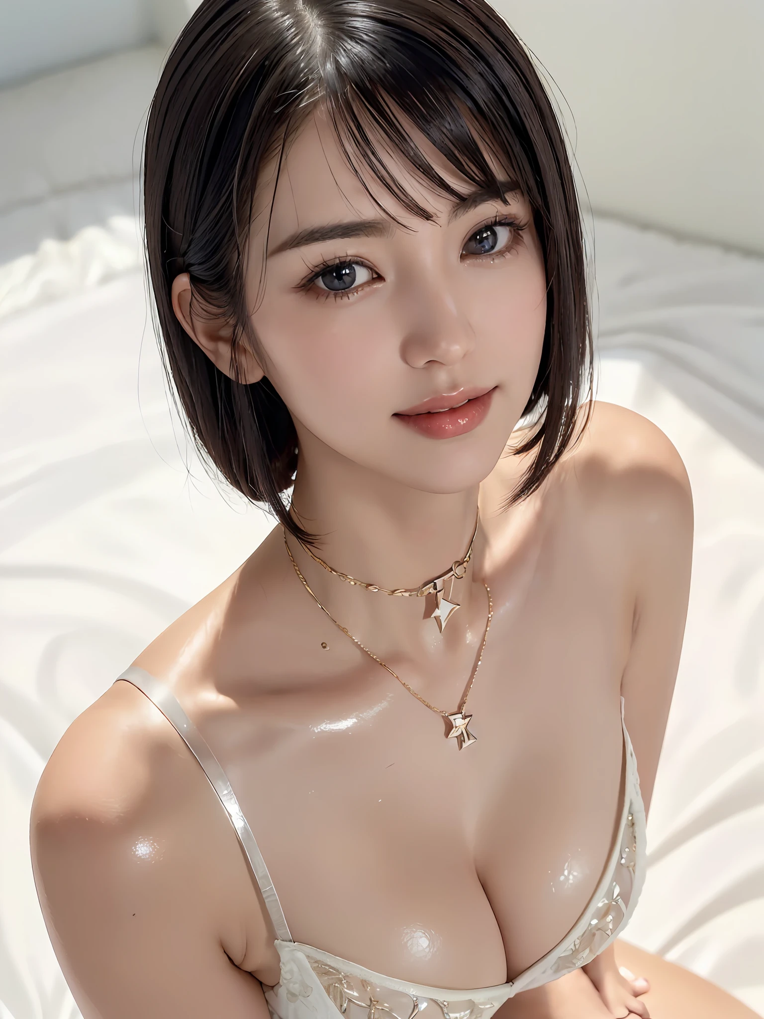 (Close-up: 1.4), (((Look up at the camera from above, look up with only eyes, look up at the camera)) (RAW Photo: 1.2), (Photorealistic: 1.4), (Masterpiece: 1.3), (Best Quality: 1.4), Dreamy, (Detailed Eyes), (Detailed Facial Features), ((Detailed Clothes), (Close-up: 1.4), (Staring at the camera from above, Looking up at the camera, Look up with just eyes, look up at the camera)) (RAW Photos: 1.2), (Photorealistic: 1.4), (Masterpieces: 1.3), (Best Quality: 1.4), Dreamy, (Detailed Eyes), (Detailed Facial Features), (Detailed Clothing Features), Skin Tightness, (Slightly Shiny Skin), (Slender Girls), (Slim Girls), One Girl, (Full Body), (Solo), Cute, ( chest), bangs, bangs, straight hair, shiny beautiful black hair, pale black eyes, crystal pendants, (best quality, 8k, 32k, masterpiece, UHD: 1.2), pictures of women with cute Japan, Solo, girl 1, (large breasts), (tall woman), (abs), (lips), mouth closed, (medium short), firm double eyelids, wet skin, Only one very beautiful woman, Very beautiful, gaze looking directly at the camera, golden ratio face, golden ratio body, perfect body, perfect face, perfect breasts, big looking directly at the camera, non-permanent sexy expression, between the arms that make cleavage, chest close, very beautiful breasts, coquettish smile, very happy smile, big eyes, eye highlights, lip gloss, clear double eyelids, eyelashes, long neck, beautiful short hair, shiny dark black hair, bangs, thick bangs, slightly shiny skin, chest moles, teardrop moles, clean bangs, clean collarbones, clean snow-white background, sky background, crystal clear overwhelming charm, attractive natural light, 19 years old, choker, skin tightening, (slender girls), (slim girls), one girl, (full body), (solo), cute, (chest), bangs, bangs, Straight hair, shiny beautiful black hair, pale black eyes, crystal pendant, (best quality, 8k, 32k, masterpiece, UHD: 1.2), cute Japan woman photo, solo, one girl, (big eyes), (tall woman)