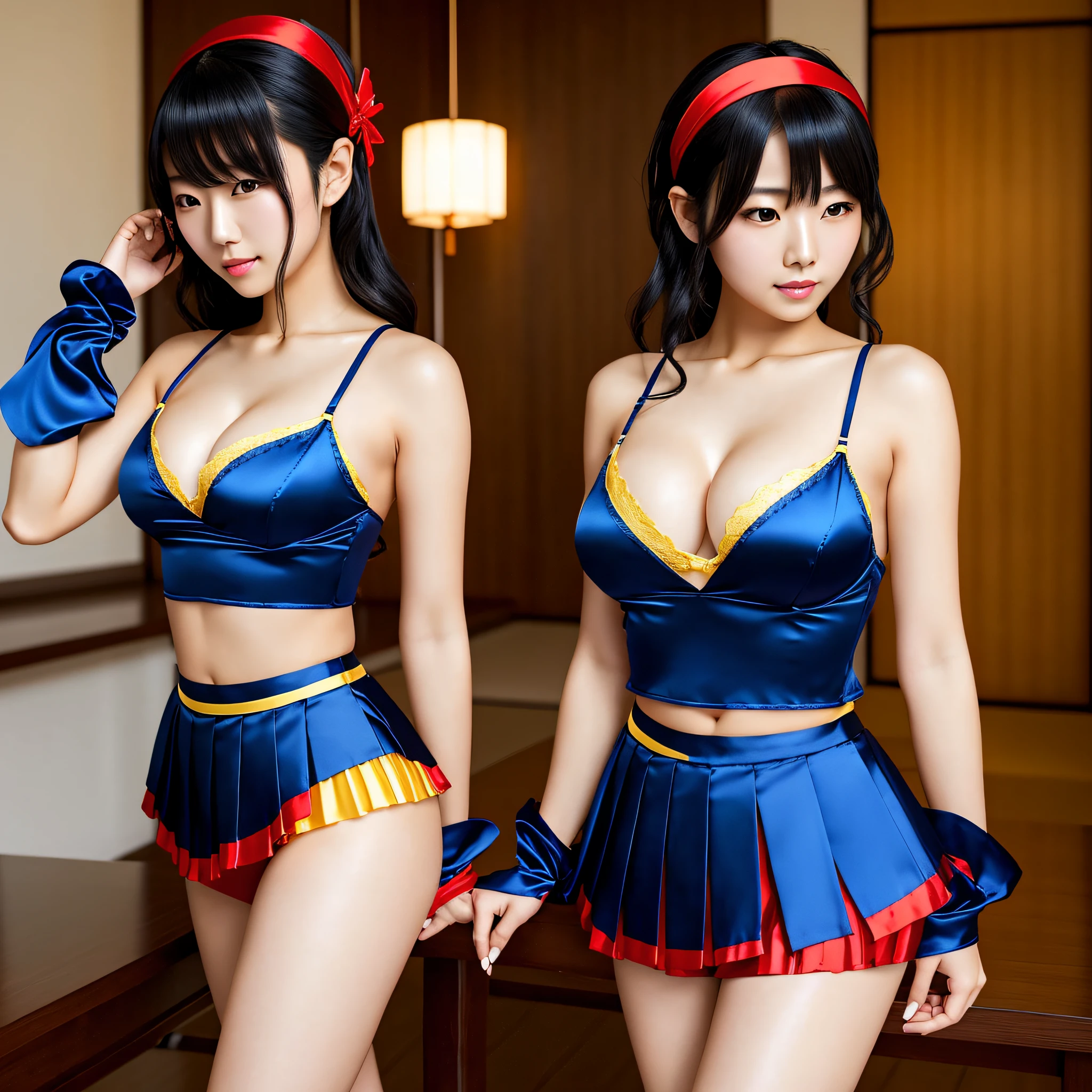 Beautiful Japanese woman,blue silk bra, silk yellow pleated short skater skirt, silk robe, black hair, wavy hair, red headband, masterpiece, large breasts , photorealistic, satin gloves