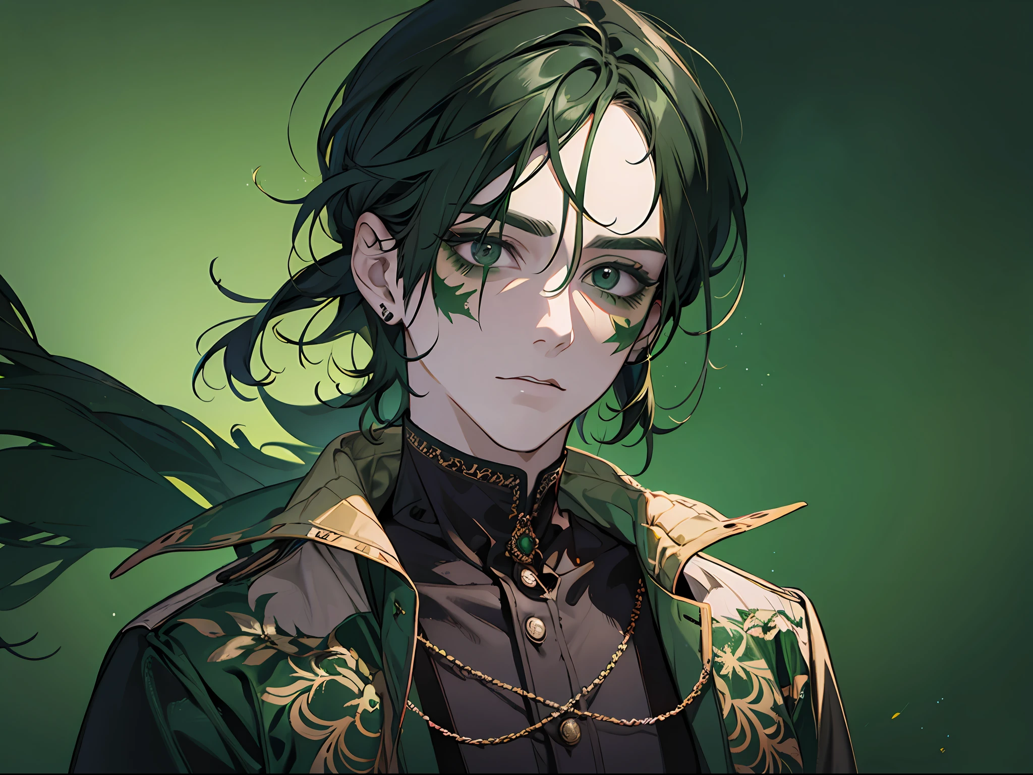 A man with dark green hair, wearing old clothes, with Halloween makeup painted on his face, cute and handsome