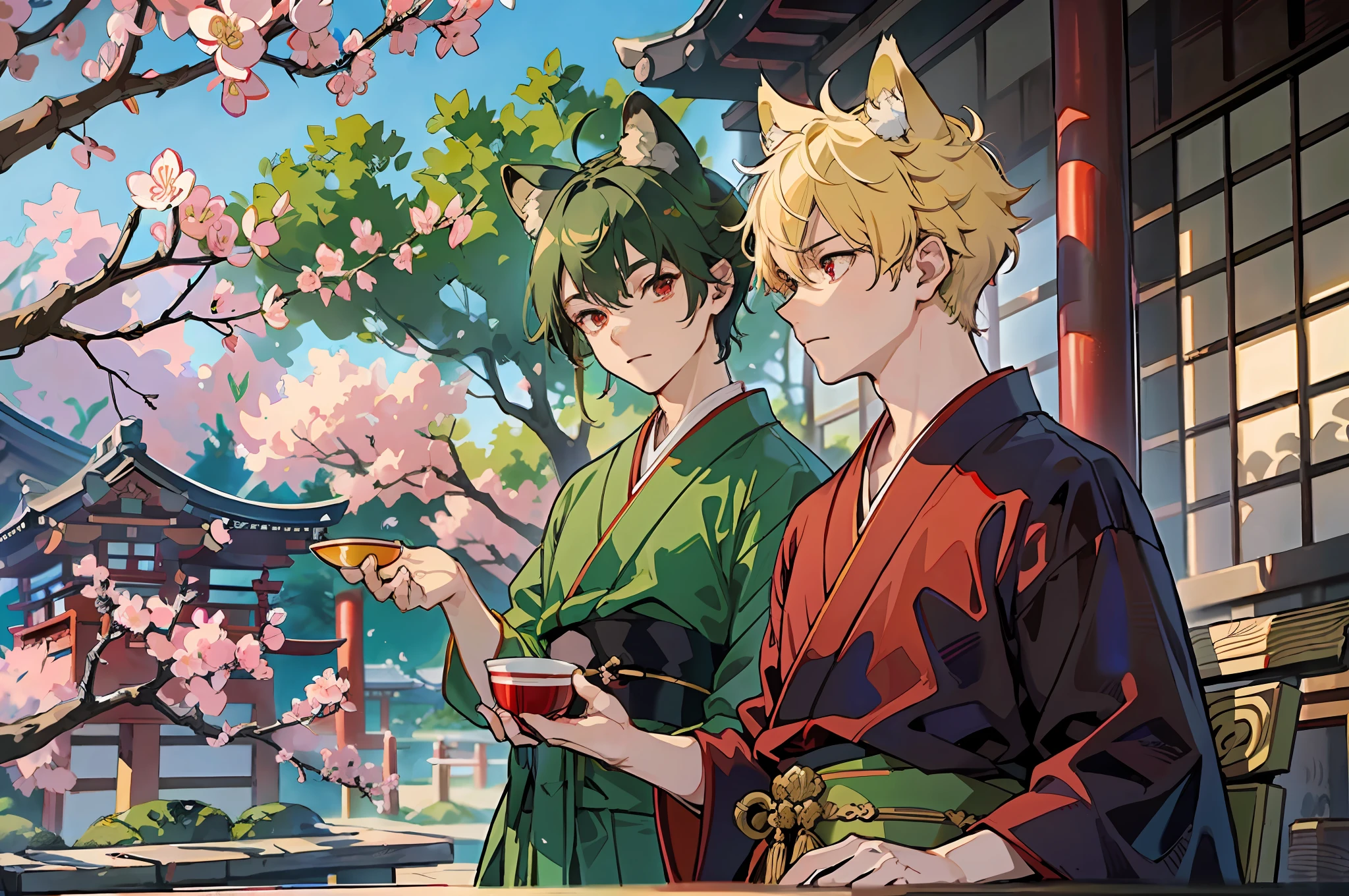 (Representative work: 1.4, highest quality, 8K), (Gay couple: 1.6), (Japan Shinto priest, Red Cup: 1.3), cherry blossom viewing at a temple in Kyoto.