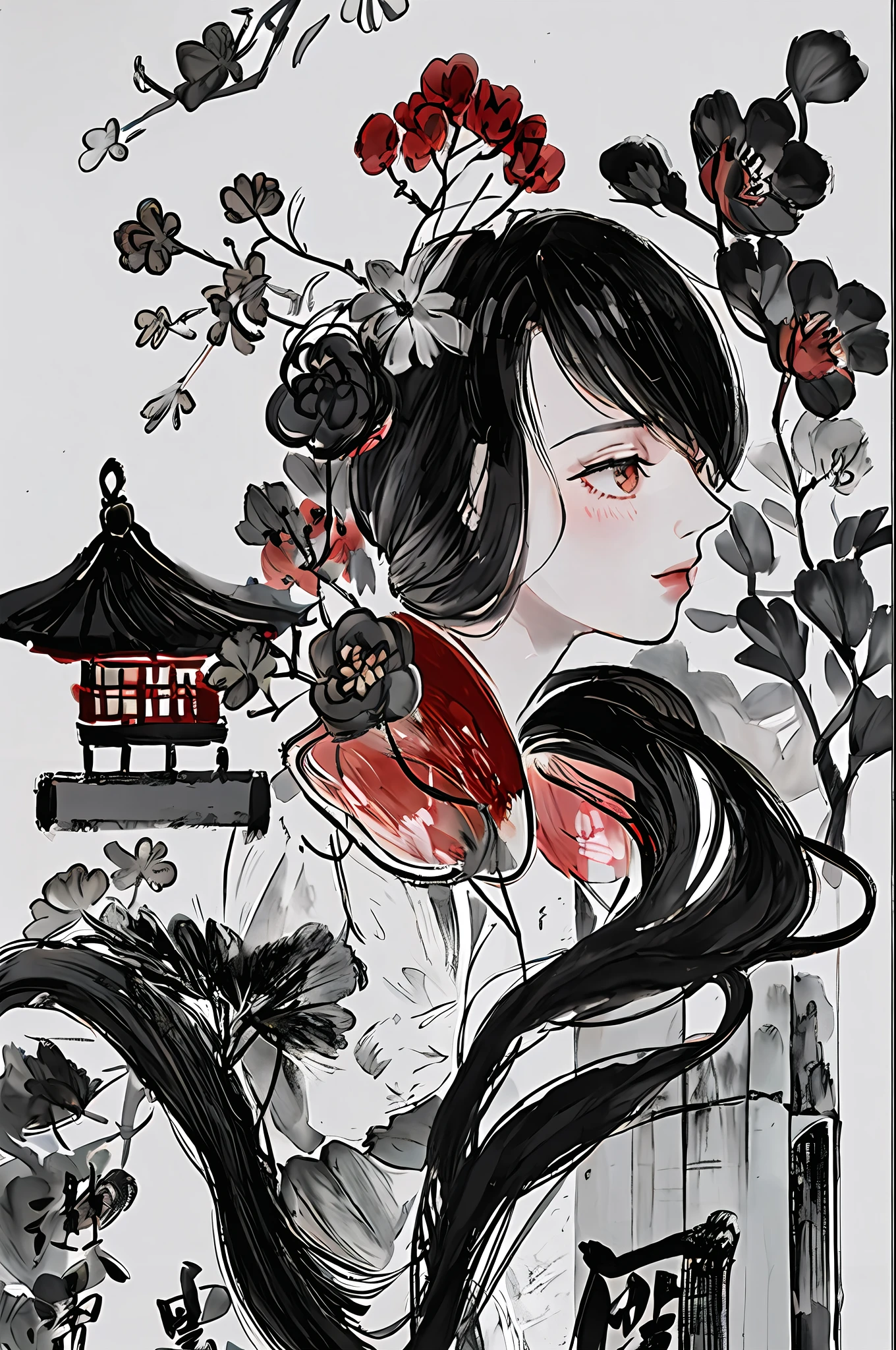 shukezouma, girl, woman, lanten, temple, negative space, shuimobysim, (Minimalism:1) , red coat, black tie, very detailed, many small details