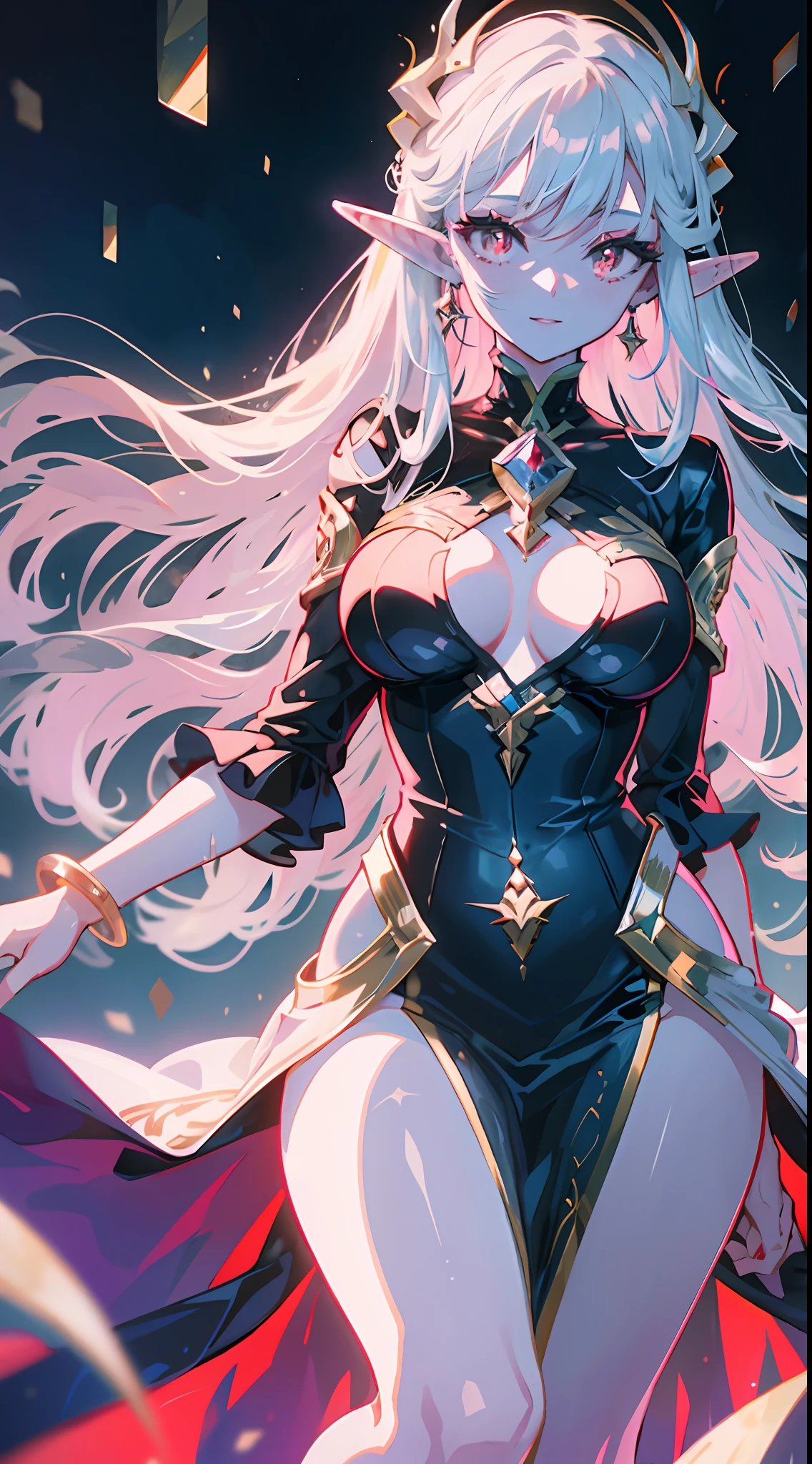 (simple hands:0.5)+(detailed hands:0.7), (masterwork), (best quality), white hair, red eyes,1girl, pale skin, white hair, red eyes, two tone hair, eyelashes, bracelet, jewelry, smile, gleaming skin, shiny hair, detailed and majestic stage, Fantasy, Long Hair, 1 girl, two-tone hair, night sky, Incredibly detailed CG illustration masterpiece, looking at you, anime, beautiful anime eyes, beautiful detailed eyes, eyes, glittering eyes, red eyes, galaxy, nebula, (full body), (curvy), POV, wet neckline, (thick thighs), 4k hd, ultra realistic, perfect body, perfect lips, perfect nose, perfect eyes, looking at the viewer, dress, elegant dress, Soft Dress, Long dress, Elf, Elf ears, Neon, Neon Lights, Bright Colors