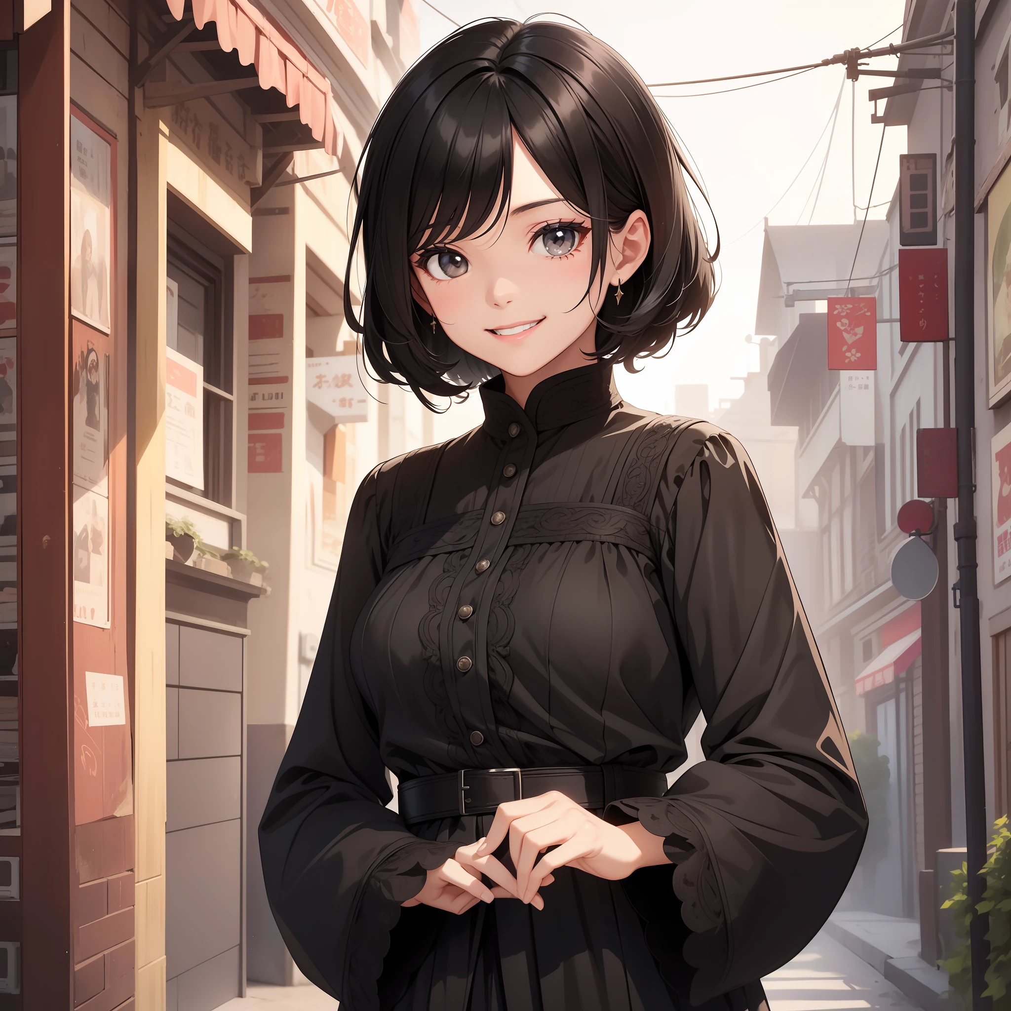 1 25-year-old girl, medium black hair, beautiful appearance, causal clothing, western features, cheerful smile