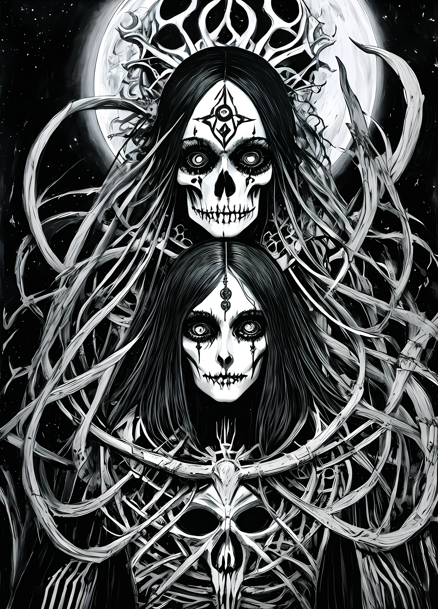 Black and white drawing of a woman holding a picture, Full moon in the night, skull, half-skull face, half-skeleton flesh, joints made of skeleton: 1.2, mystic, occult art, occult art, abstract mystical epic composition, cult, highly detailed dark art, mystical cyberpunk, mystical details, Junji Ito style, inspired by Junji Ito, horror manga, occult inspiration, occult, modern mystic, Christian Zaltman, monochrome painting, shaman horror LSD art