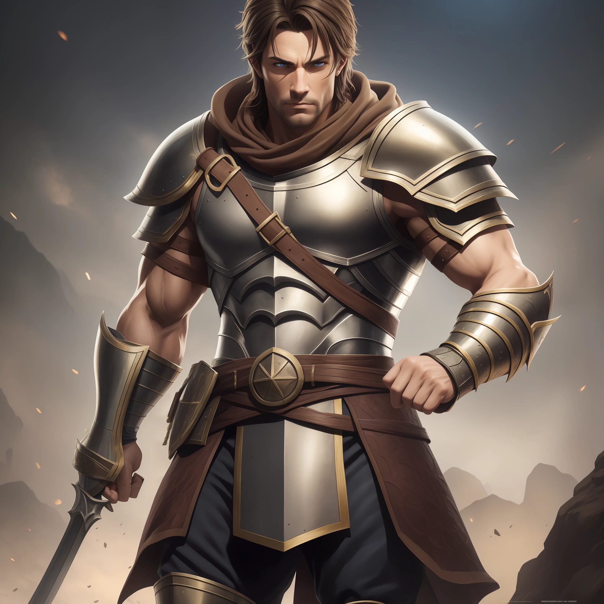Middle-aged knight with muscular brown hair, skinny muscles, DnD, realistic and highly detailed rendering style, Dungeons and Dragons, 8k, detailed eyes, perfect eyes, epic, dramatic, fantastic, full body, complex design, details, dramatic lighting, hyperrealism, photorealism, cinematic, 8k, detailed face, dramatic photo, epic photo, full body, distant view,