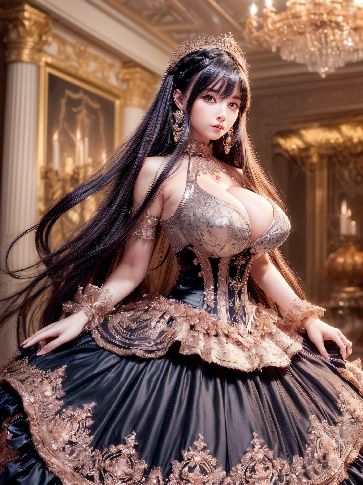 ((anime moe artstyle)),(((Masterpiece))), ((Best Quality)), ((Super Detail)), (Illustration), (((Very Delicate and Beautiful))),Dynamic Angle,Looking at viewer,((((Solo)))),((1 arrogant lady)),(a beautiful fantasy arrogant empress),(((Full body))),Standing,royal elegant pose,((dominant pose)),(arrogant),((haughty smile)),Purple eyes,(Sharp eyes),Detailed Face, Long Eyelashes,(Jet Black Hair),(Straight Hair),(((Very Long Hair))),Bangs between eyes, ((((gigantic breasts)))),cleavage,(skindentation),curvy,(rococo ball gown with gorgeous embroidered black and rose gold ruffles),(gorgeous embroidered black and rose gold ruffled rococo ball gown),(fluffy Black and rose gold ballgown with gorgeous embroidery),corset,((hoop skirt)),princess dress with lots of jewels,((gorgeous embroidery)),(rose gold trim),((crinoline)),opera gloves,finely decorated jeweled tiara, gem earrings,finely decorated necklace,Beautifully jeweled ornaments,indoor,royal ballroom,light particles,