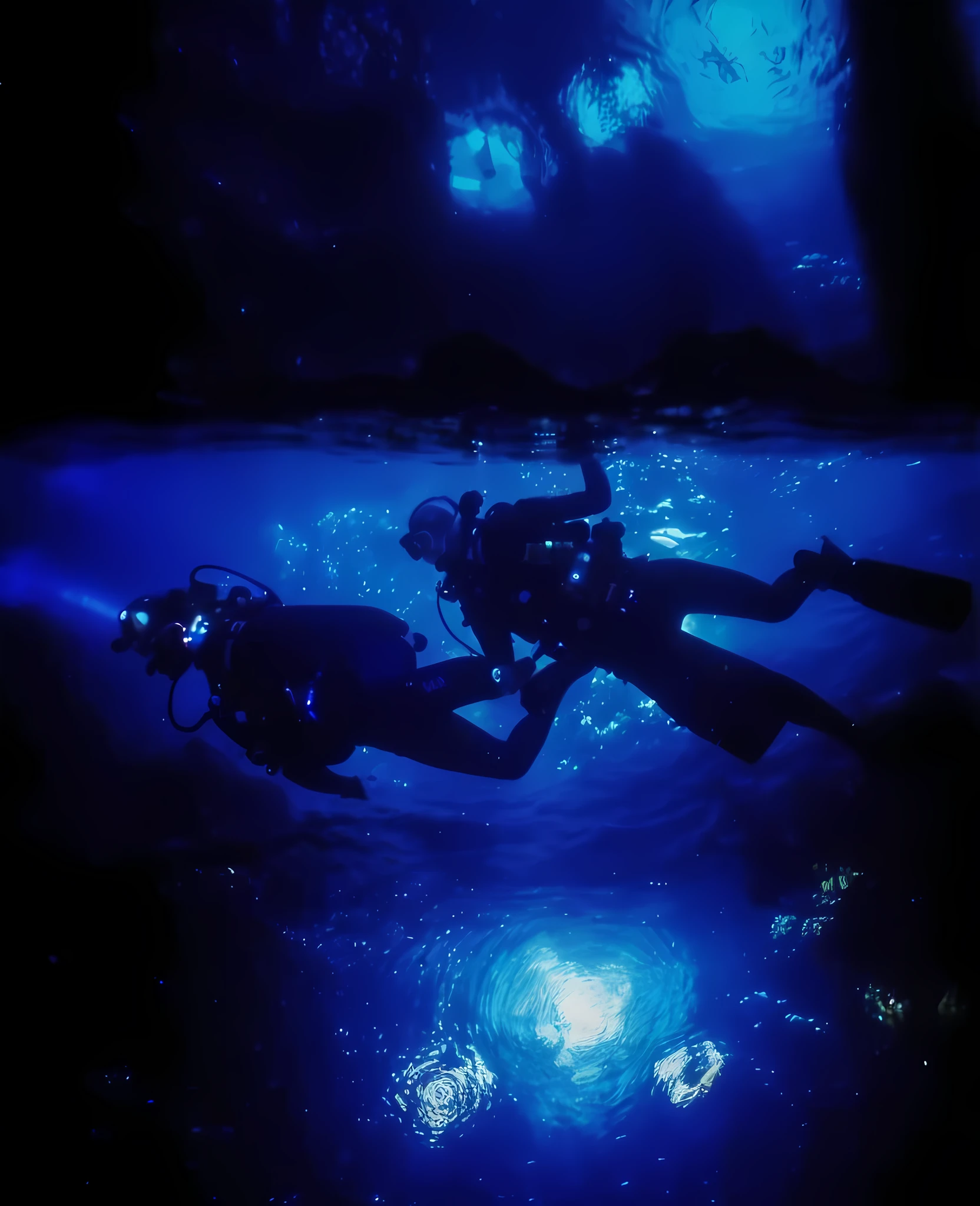 Two divers in the dark with their equipment in the water, in the deep sea, glow underwater, horror scene underwater, deep sea pictures, scuba diving, photo taken on 2 0 2 0, blue bioluminescence, deep underwater, deep sea, swimming in space, underwater, dark underwater scene, starry sky under the sea, van Gogh colors