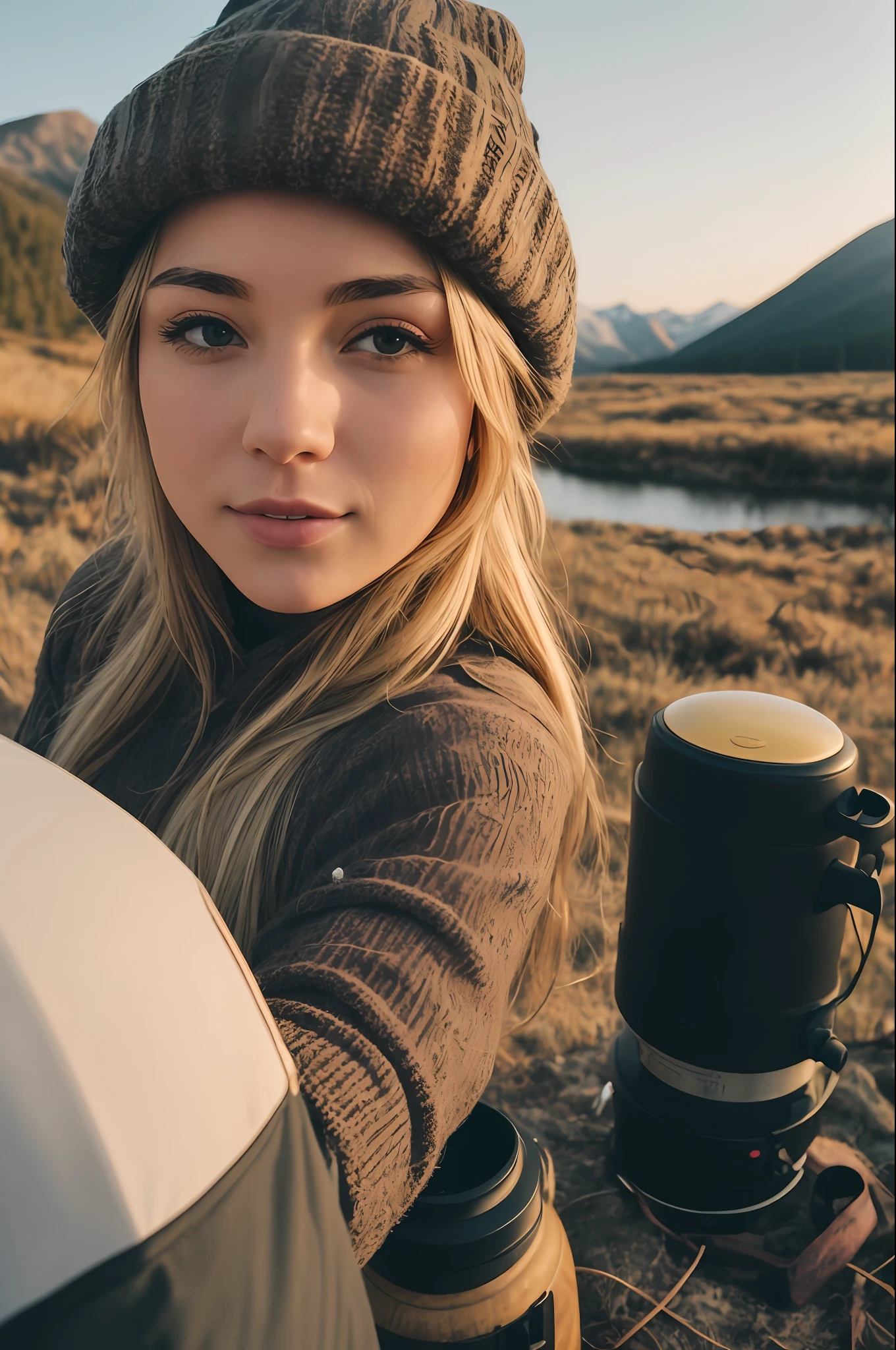 VeronicaCipher ((upper body selfie, happy)), masterpiece, best quality, ultra-detailed, solo, outdoor, (night), mountains, nature, (stars, moon) cheerful, happy, backpack, sleeping bag, camping stove, bottle water, mountain boots, gloves, sweater, hat, lantern, forest, rocks, river, wood, smoke, shadows, contrast, clear sky, style (warm hue, warm tone): 1.2), close-up, cinematic light, side lighting, ultra high resolution, best shadow, RAW, upper body, wearing pullover kodak vision 3,