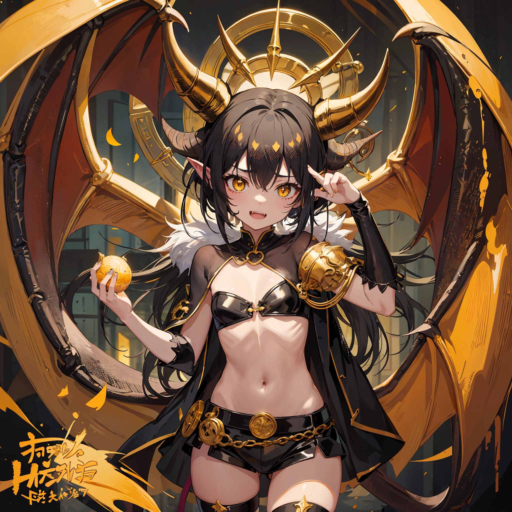 Little monster girl, horns, tail, dragon wings, yellow eyes, cute, medium, natural laugh