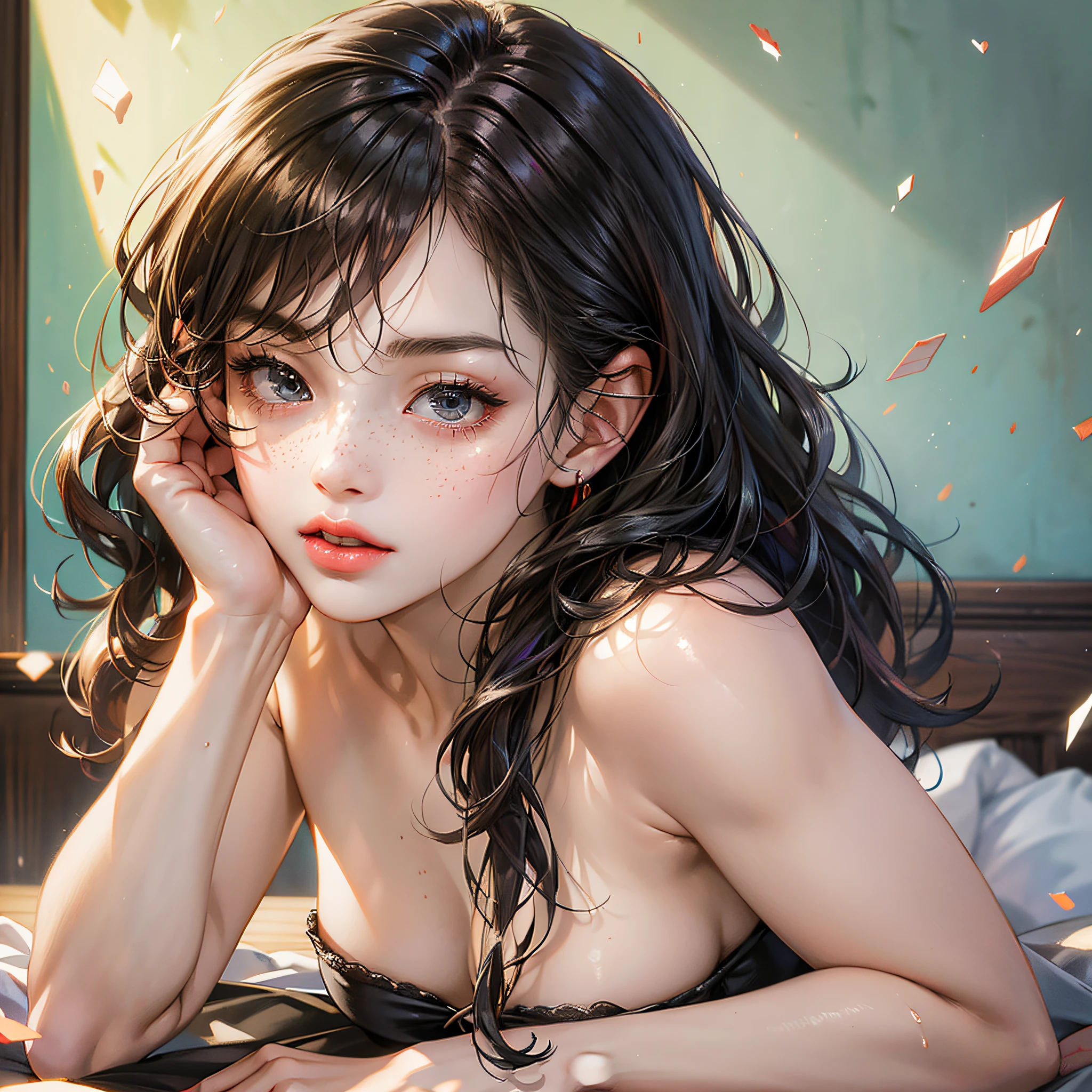 hyper-realistic), (illustration), (high resolution), (8K), (extremely detailed), (best illustration), (beautiful detailed eyes), (best quality), (super detailed), (masterpiece), (detailed face), solo, (dynamic pose), 1 girl, 18 years old, student, red and black curly hair, freckles, black eyes, small and cute, round face, beautiful and moving, nsfw --auto --s2