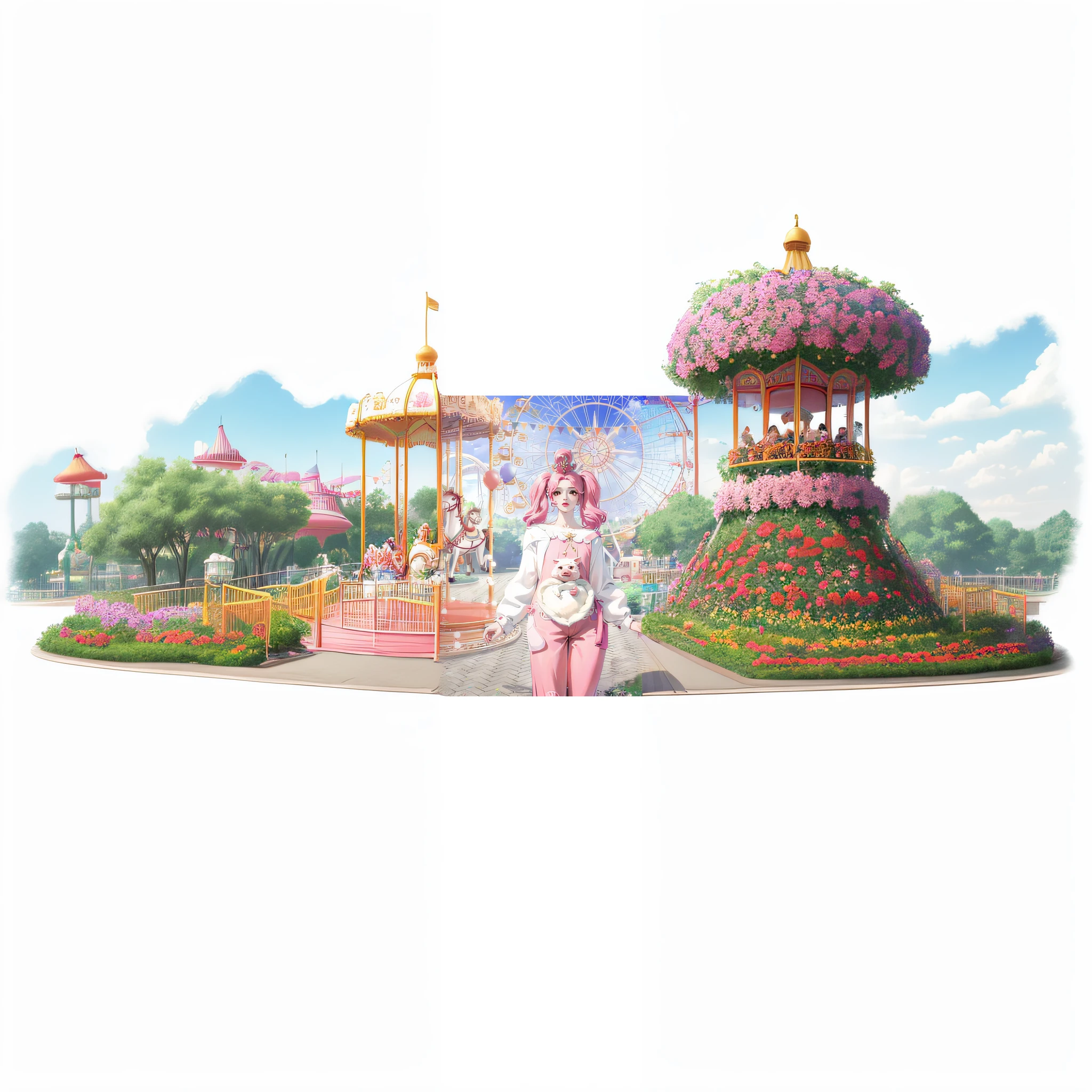 Amusement park, Disney, outdoor, entertainment.Carousel, flowerbed.