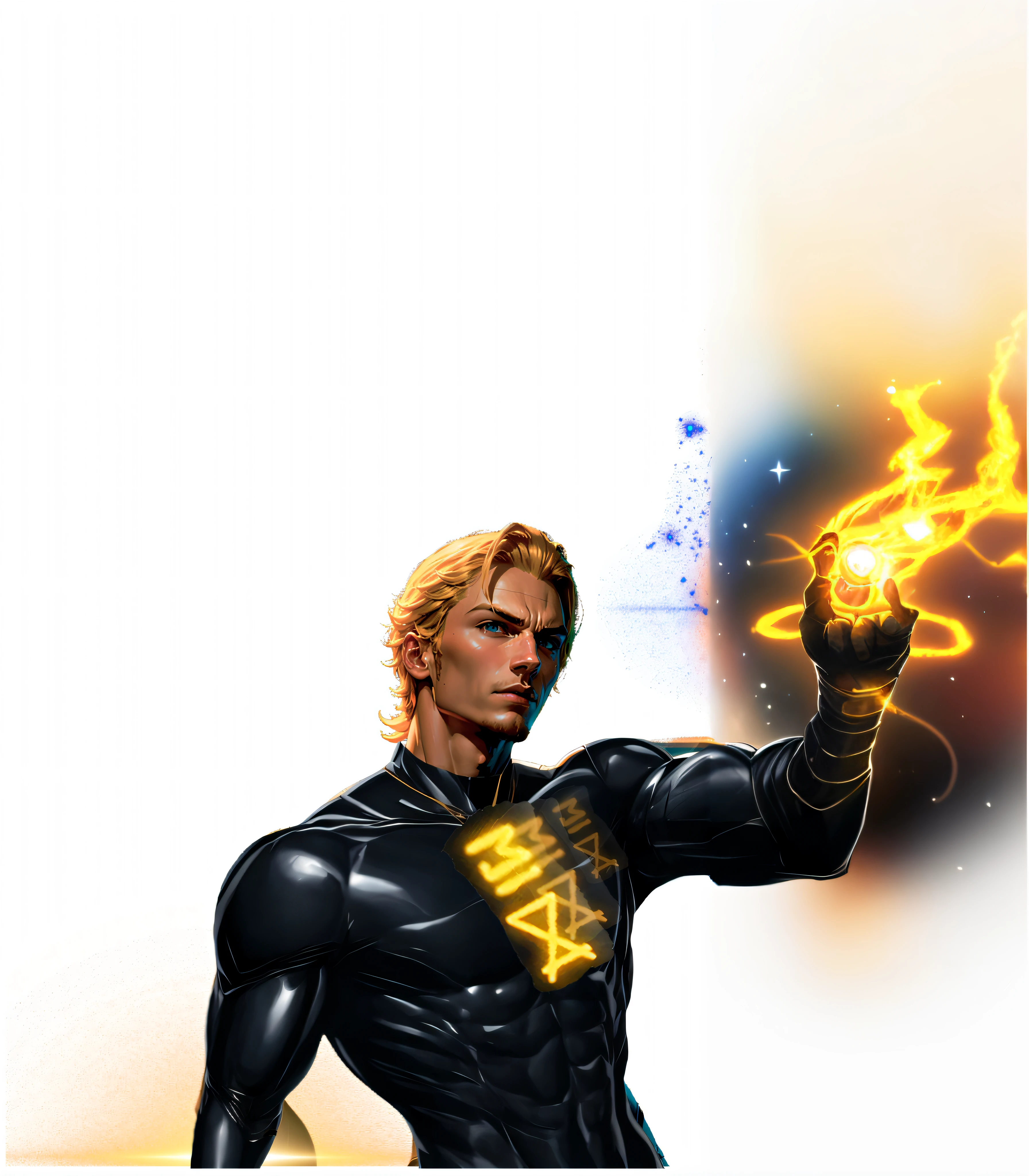 there is a man in a black suit holding a frisbee, adam warlock, dio brando, genos, background artwork, xqc, key art, asgardian, an epic anime of a energy man, hero pose colorful city lighting, human torch, full resolution, johan liebert, → ⃣ spectrum darkness prime, samus, fanart, blonde man, more details