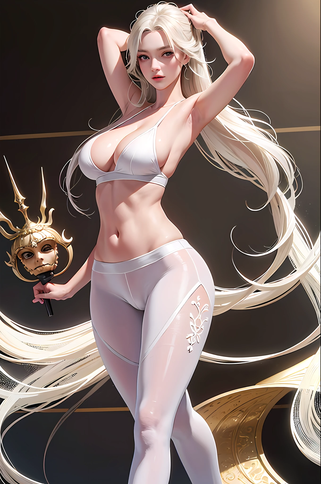 (hyperrealistic), (illustration), (high resolution), (8K), (extremely detailed), (best illustration), (beautiful detailed eyes), (best quality), (ultra-detailed), (masterpiece), (wallpaper), (detailed face), solo 1 girl, white wavy hair, korean, heterochromic eyes, small moles under the eyes, loose white shirt, yoga pants, , long legs, tight abs, camel toes,pose