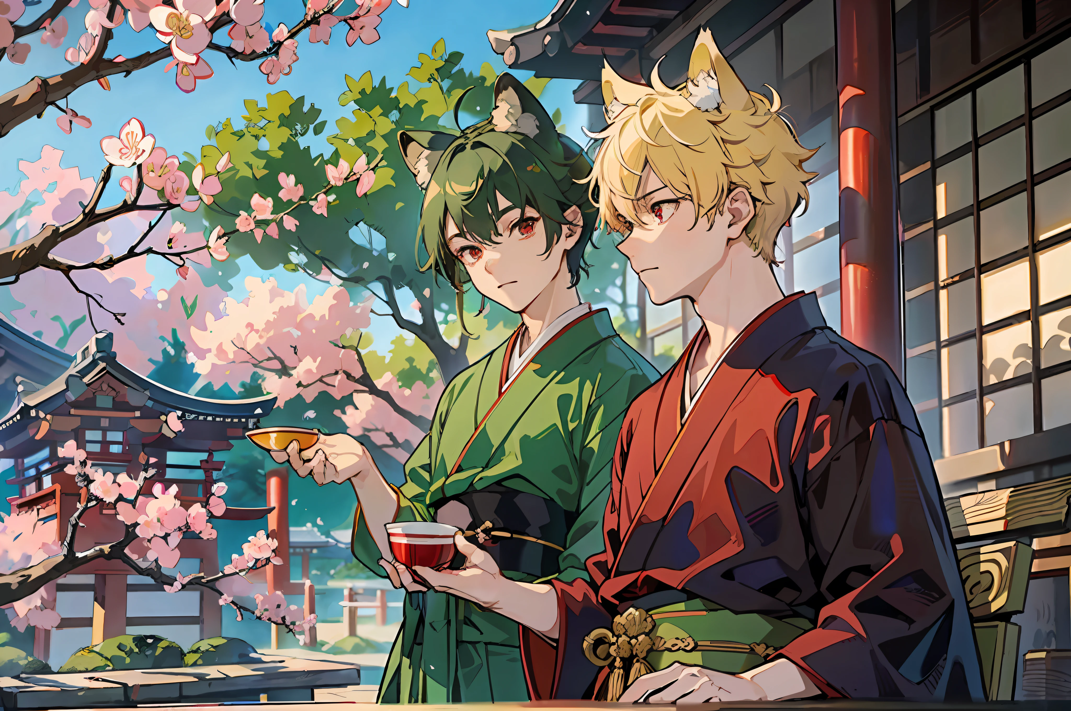 (Representative work: 1.4, highest quality, 8K), (Gay couple: 1.6), (Japan Shinto priest, Red Cup: 1.3), cherry blossom viewing at a temple in Kyoto.