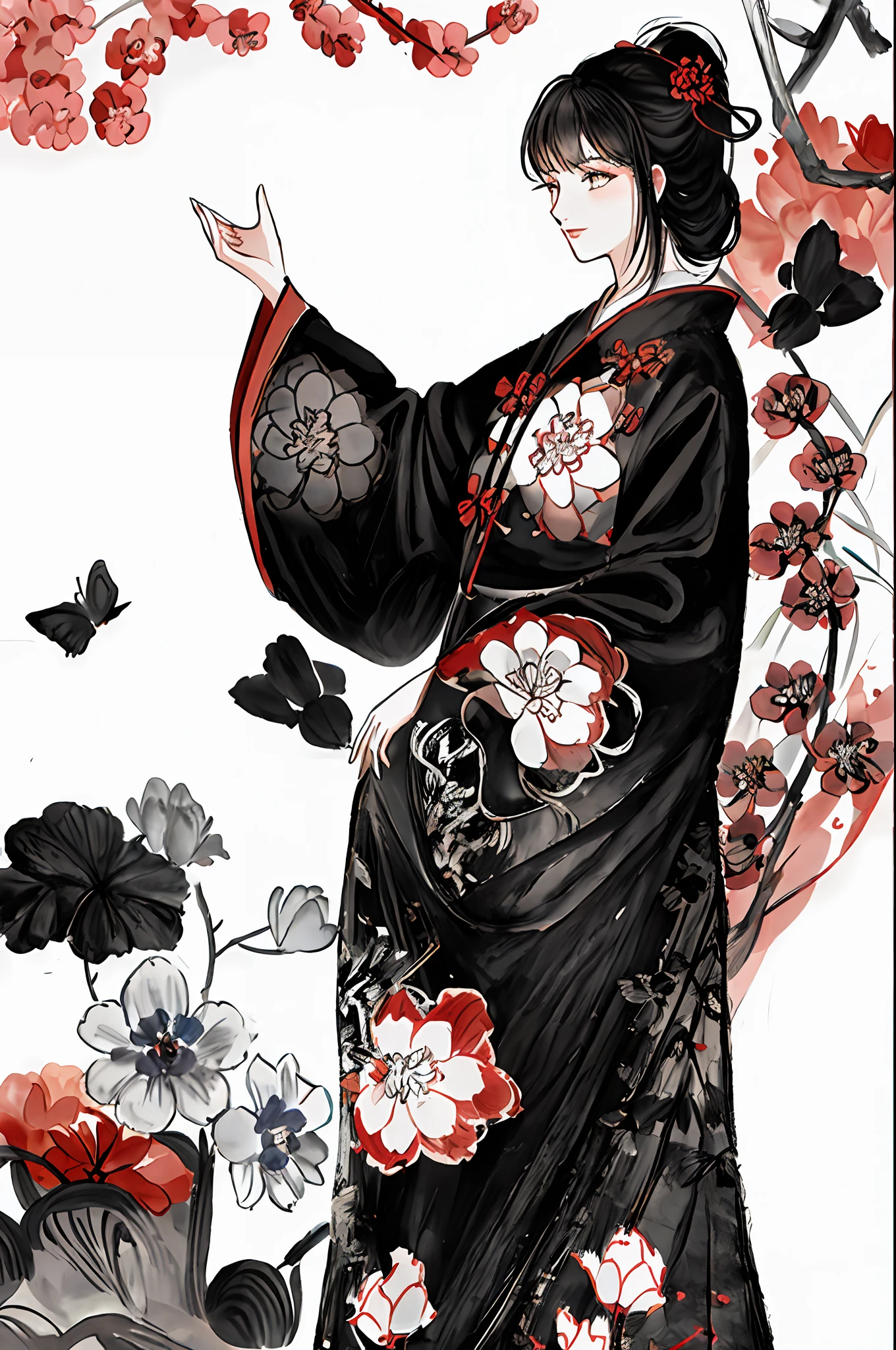 shukezouma, girl, woman, lanten, temple, negative space, shuimobysim, (Minimalism:1) , red coat, black tie, very detailed, many small details, huge blue flower, only white and blue and red