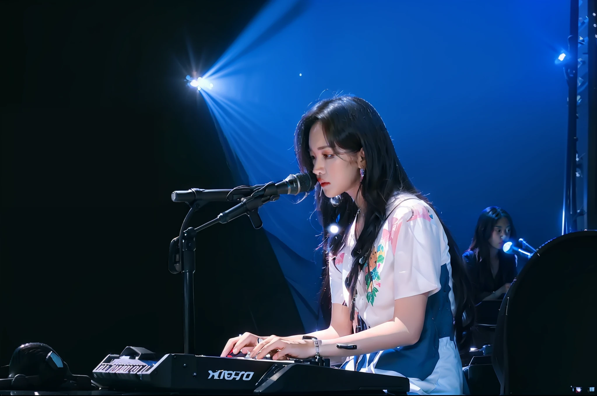 woman playing keyboard on stage with microphone and lights in background, jisoo of blackpink, gongbi, cindy avelino, keyboardist, jisoo from blackpink, performing on stage, gemma chen, jaeyeon nam, heonhwa choe, taejune kim, portrait of jossi of blackpink, jossi of blackpink, yan