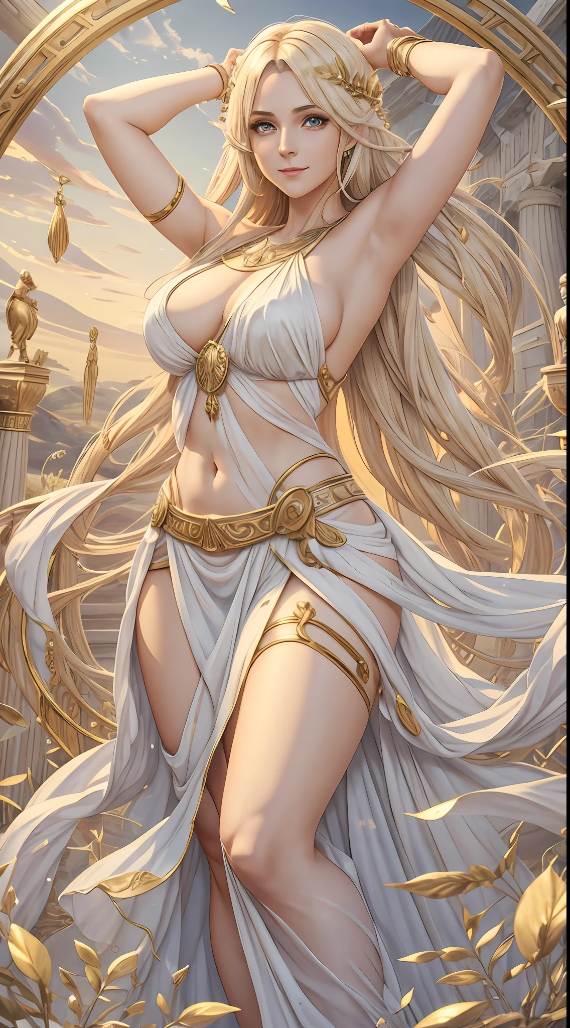 a mature female, ethereal, goddess, large breasts, vivid color, white greek peplos, golden hair, bare shouders, perfect female figure, arms up, armpits, thighs, light smile, expressionless,trending on Art Station, masterpiece, 8k resolution, fantasy art,