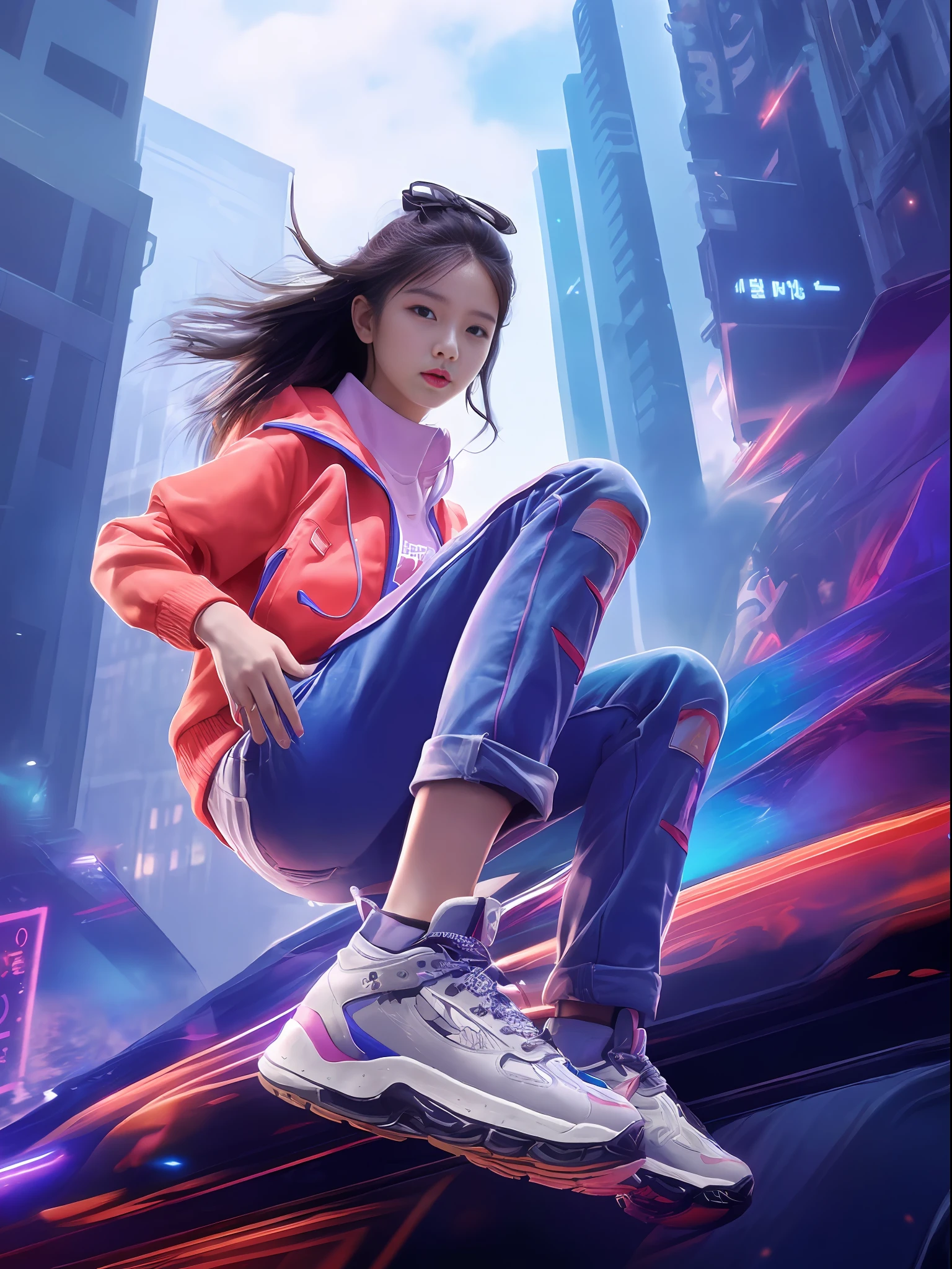 (Depth of Field Blur: 1.5), (City in the background), Best Quality, Masterpiece, Ccurate, Super Detail, Award-Awarded, Textured Skin, Retina, Anatomically Correct, High Detail, UHD, High Quality, High Resolution, 16k, Imagine a dynamic product poster that showcases a pair of sneakers in an engaging way. On the poster, a young Korean idol girl who exudes fashion and style, shoots from a low angle and looks up. She is outside in an urban environment with a blurred background that focuses the viewer's attention on the shoes. Shoes should be highlighted in the foreground, paying special attention to their design and texture. Posters should feel energized and stimulated, with an implicit sense of movement, making the viewer want to try on shoes and experience the thrill of the event. The image should be stylish, modern, bold, and convey confidence and vitality. Overall, posters should be eye-catching and memorable to appeal to young trendy buyers looking for the perfect combination of fashion and functionality.