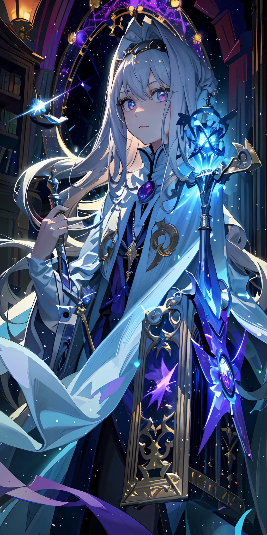 16-year-old girl, long white hair, with a pair of golden pupils, dressed in a lilac dress, draped in a golden cape, is a domineering president Behind him is a sunset that is about to set, his right hand swings his big arm, lifts the cloak, and carries a duel disk in his left hand, the character wants to play a game king style, and must have obvious characteristics of a girl, at least from the appearance can be seen as a girl