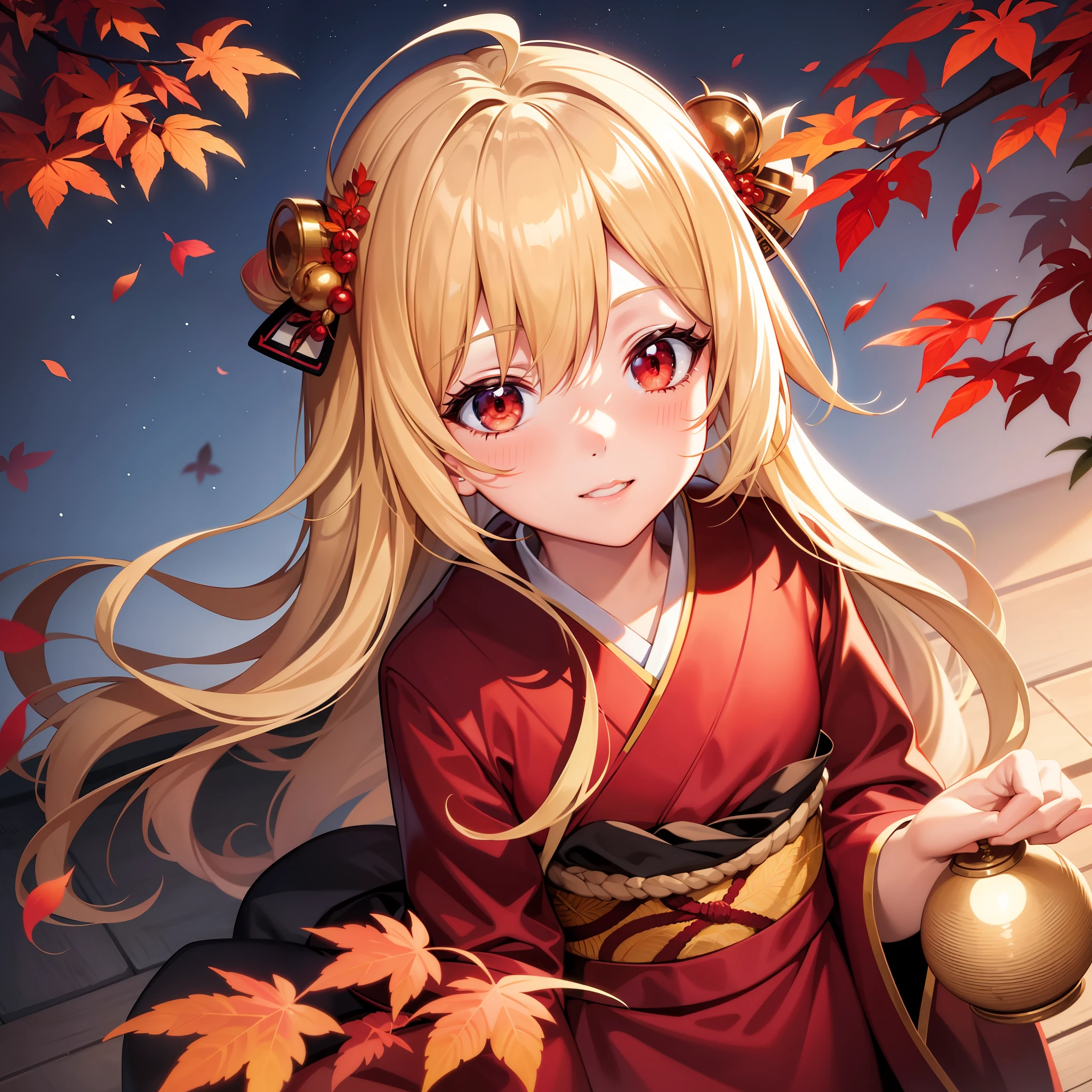 blonde girl, one, solo, red eyes, anime, kimono, moon, autumn leaves light up, night,