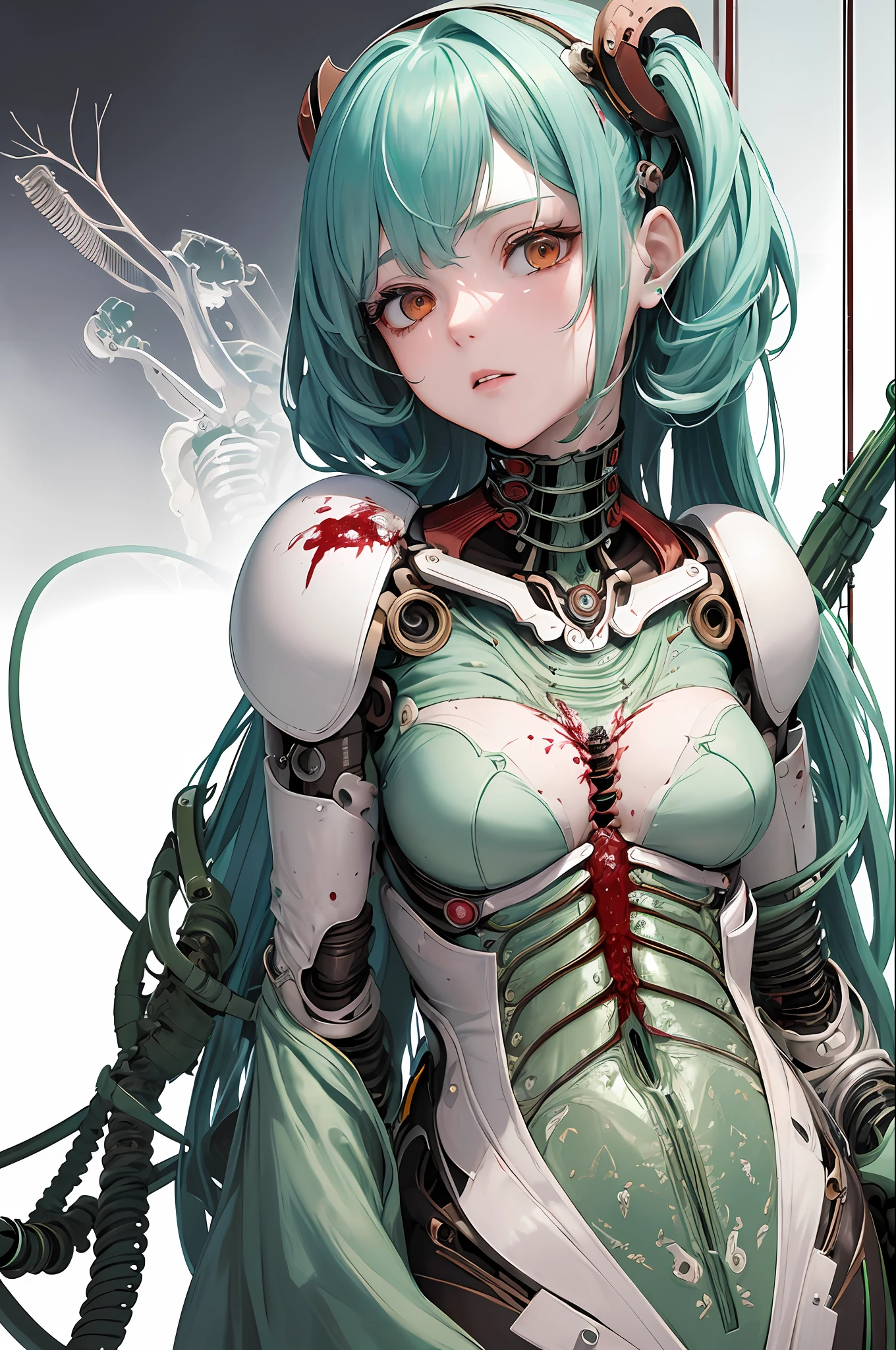 (masterpiece, top quality, best quality, official art, beautiful and aesthetic:1.2), (1girl:1.3), extreme detailed,colorful,highest detailed ((ultra-detailed)), (highly detailed CG illustration), ((an extremely delicate and beautiful)),(from side),cinematic light,((1mechanical girl)),solo,full body,(machine made joints:1.2),((machanical limbs)),(blood vessels connected to tubes),(mechanical vertebra attaching to back),((mechanical cervial attaching to neck)),(sitting),expressionless,(wires and cables attaching to neck:1.2),(wires and cables on head:1.2)(character focus),science fiction,white background,(blood:1.5) long vibrant green hair, pale red eyes, sad expression, girl, small brests, lonely enviornment