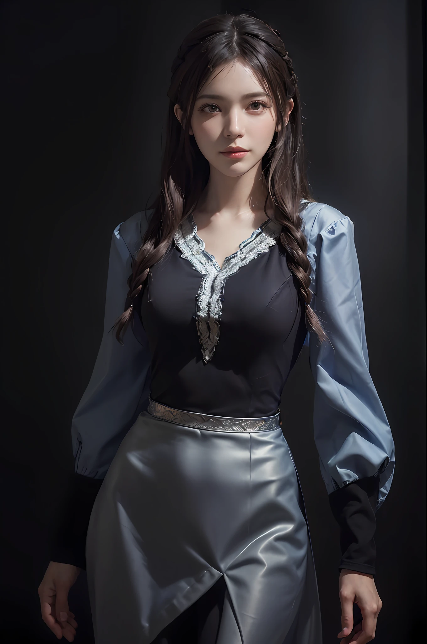 (front focus), (in the dark:1.6), Hyperrealist portrait of female by david hockney and alphonse mucha, fantasy art, photo realistic, dynamic lighting, artstation, poster, volumetric lighting, very detailed faces, 4 k, award winning, 1girl, in the dark, deep shadow, low key, cowboy shot, (official clothing:1.4), long hair, white hair