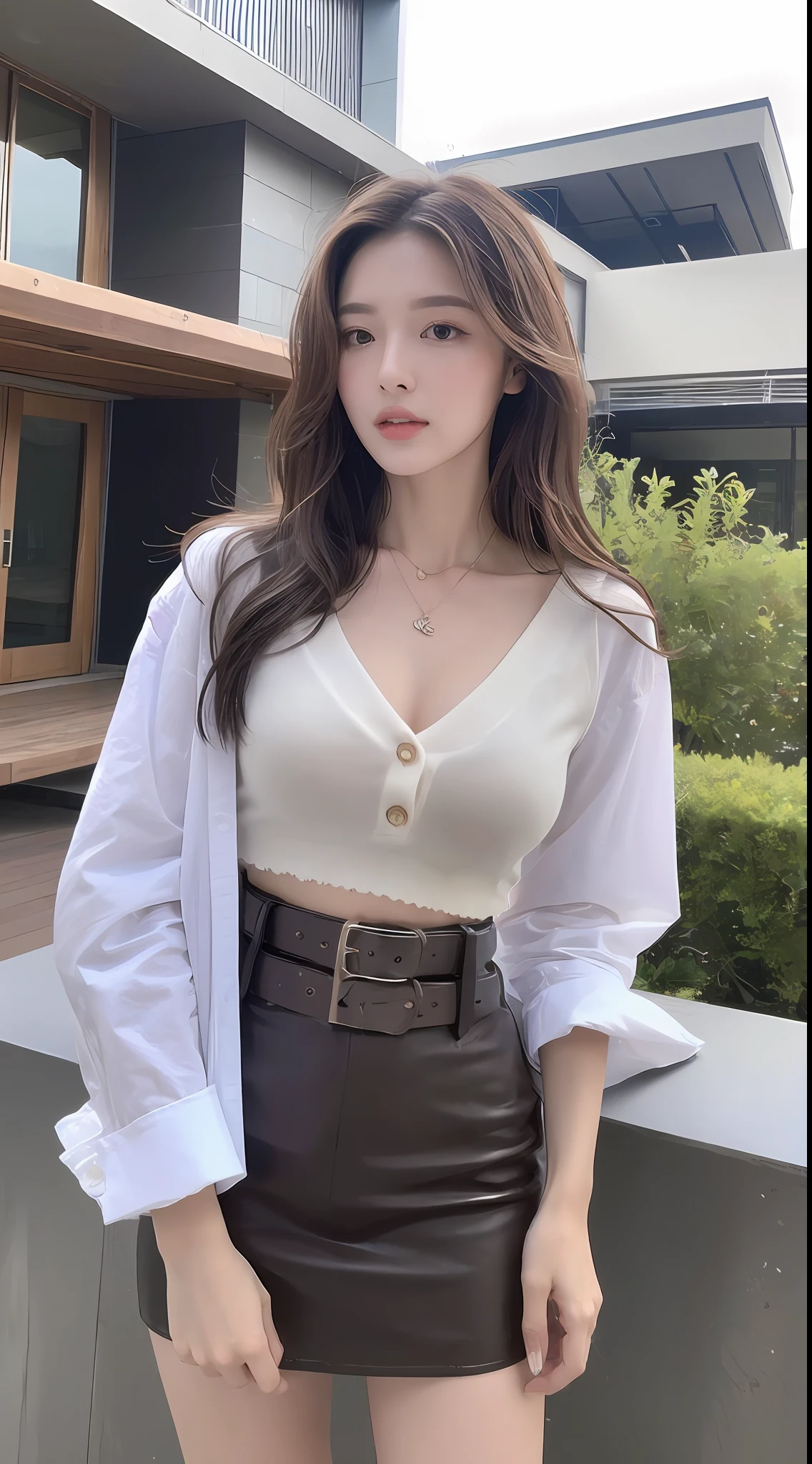 (Best quality, High resolution, Masterpiece :1.3), A tall and pretty woman, Slender abs, Dark brown hair styled in loose waves, Breasts, Wearing pendant, White button up shirt, Belt, Black skirt, (Modern architecture in background), Details exquisitely rendered in the face and skin texture, Detailed eyes, Double eyelid