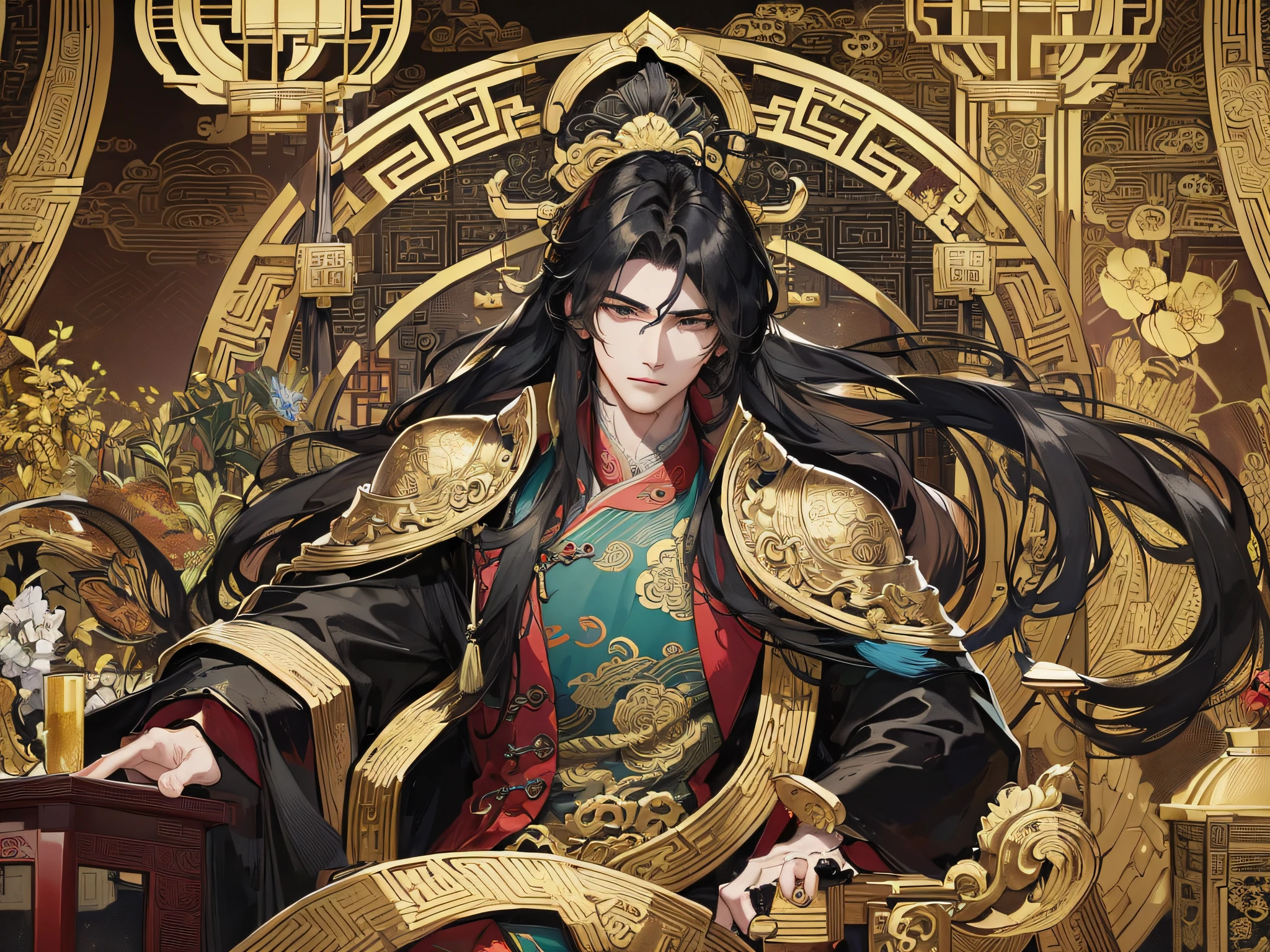 Masterpiece, Superb Style, Night, Full Moon, 1 Man, Chinese Style, Ancient China, Black Hair, Black Eyes, Split Ends, Long Hair, Long Bangs, Handsome, Handsome, Masculine, Serious, Gentle, Tall, Calm, Black Gold Blend, Gold Pattern, Dragon Pattern, Prince, Palace, Seated, Dragon Chair