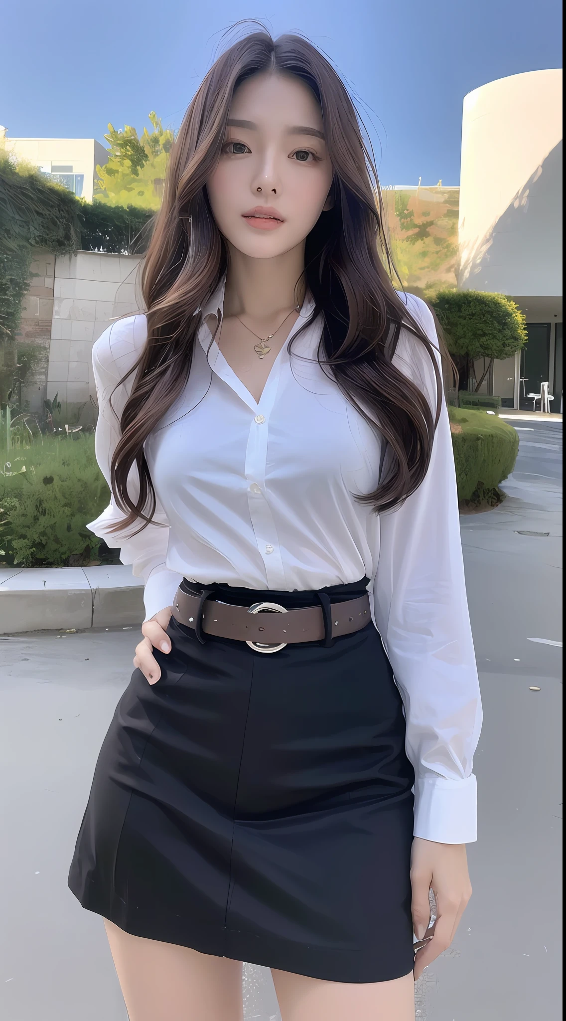 (Best quality, High resolution, Masterpiece :1.3), A tall and pretty woman, Slender abs, Dark brown hair styled in loose waves, Breasts, Wearing pendant, White button up shirt, Belt, Black skirt, (Modern architecture in background), Details exquisitely rendered in the face and skin texture, Detailed eyes, Double eyelid