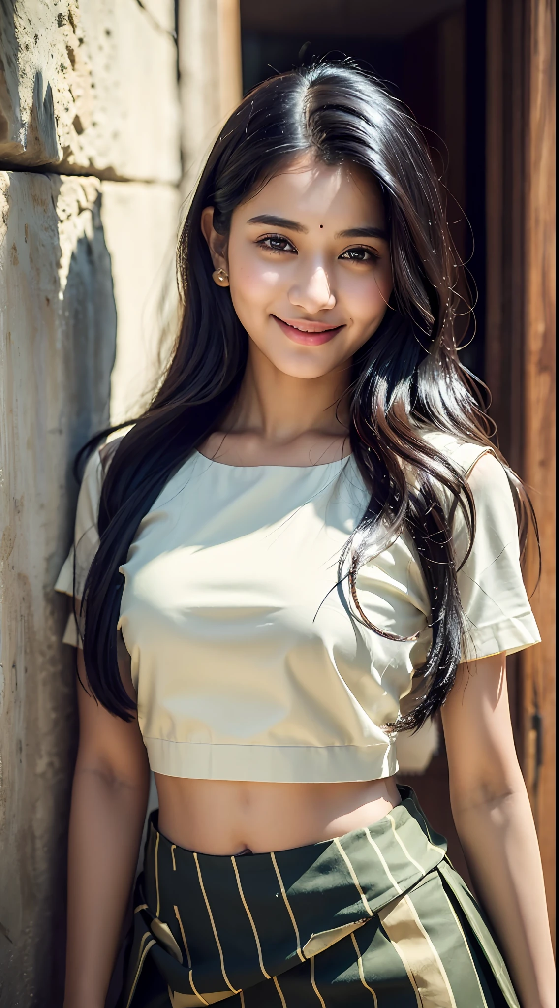 ((Top Quality, 8K, Masterpiece: 1.3)), 1woman, Bindi, Indian beauty, Indian beauty, Aryan race, Black hair, ultra-fine face, delicate eyes, smile, shirt, skirt, street, film grain, photorealistic