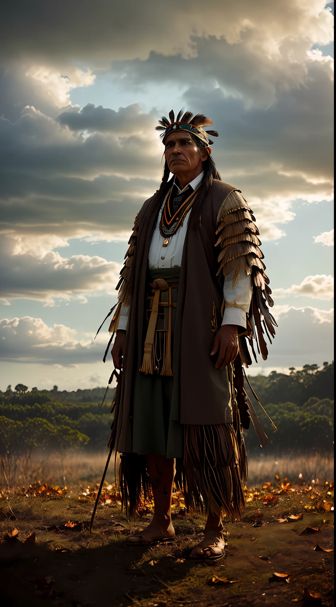 (extremely detailed CG 8k wallpaper unit, masterpiece, best quality, ultra-detailed), (better lighting, better shadow, an extremely delicate and beautiful), floating,

[(dynamic angle,((150-year-old man)), An indigenous Brazilian, with brown skin and striking features, displays a deep wisdom in his tired eyes. Dressed in traditional costumes, it proudly displays its cultural roots. His rooted and serene posture reveals an intimate connection with nature and a deep respect for ancestral teachings. black, fierce expression, detailed and realistic brown eyes, headdress, brown war paint on the face, dirt and scratches on the skin and clothing, branches and twigs in the background, medium shot, ((looking at camera))): :0.9],

[ :(colorful forest, depth of field, leaves and grass, dirt and mud on the ground, red and orange leaves scattered around, dramatic clouds in the sky)]