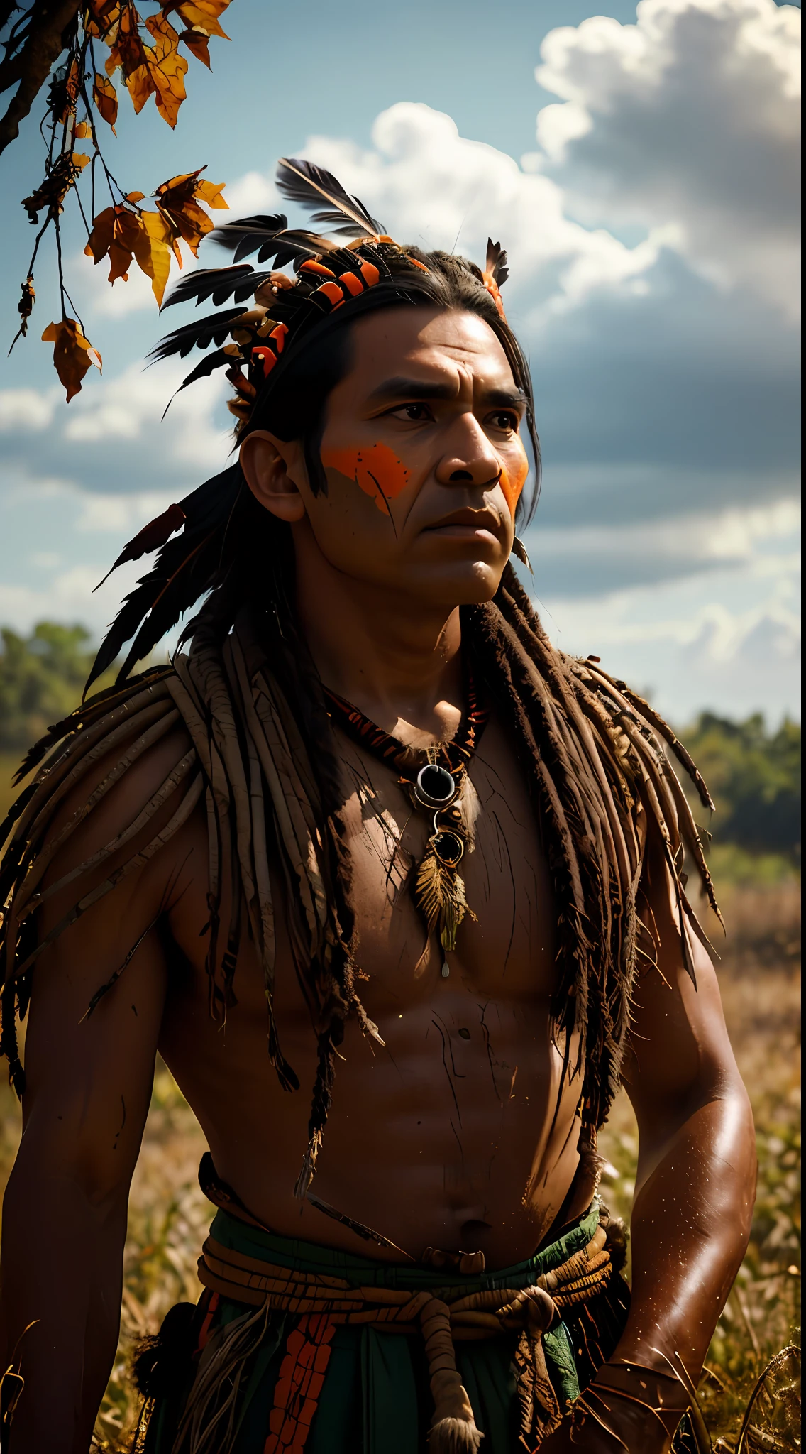 (extremely detailed CG 8k wallpaper unit, masterpiece, best quality, ultra-detailed), (better lighting, better shadow, an extremely delicate and beautiful), floating,

[(dynamic angle,((150-year-old man)), An indigenous Brazilian, with brown skin and striking features, displays a deep wisdom in his tired eyes. Dressed in traditional costumes, it proudly displays its cultural roots. His rooted and serene posture reveals an intimate connection with nature and a deep respect for ancestral teachings. black, fierce expression, detailed and realistic brown eyes, headdress, brown war paint on the face, dirt and scratches on the skin and clothing, branches and twigs in the background, medium shot, looking at camera): :0.9],

[ :(colorful forest, depth of field, leaves and grass, dirt and mud on the ground, red and orange leaves scattered around, dramatic clouds in the sky)]