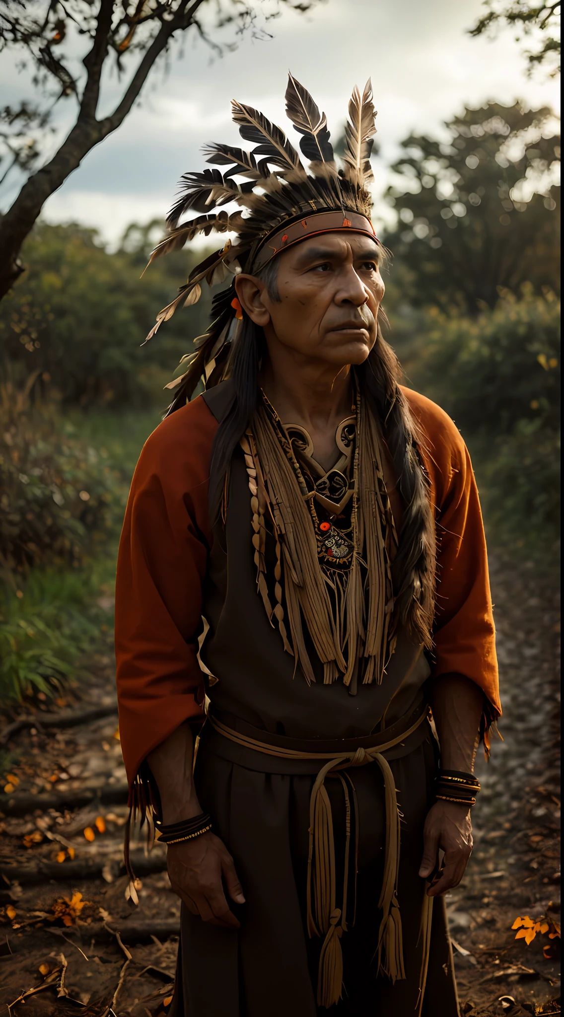 (extremely detailed CG 8k wallpaper unit, masterpiece, best quality, ultra-detailed), (better lighting, better shadow, an extremely delicate and beautiful), floating,

[(dynamic angle,((150-year-old man)), An indigenous Brazilian, with brown skin and striking features, displays a deep wisdom in his tired eyes. Dressed in traditional costumes, it proudly displays its cultural roots. His rooted and serene posture reveals an intimate connection with nature and a deep respect for ancestral teachings. black, fierce expression, detailed and realistic brown eyes, headdress, brown war paint on the face, dirt and scratches on the skin and clothing, branches and twigs in the background, medium shot, looking at camera): :0.9],

[ :(colorful forest, depth of field, leaves and grass, dirt and mud on the ground, red and orange leaves scattered around, dramatic clouds in the sky)]