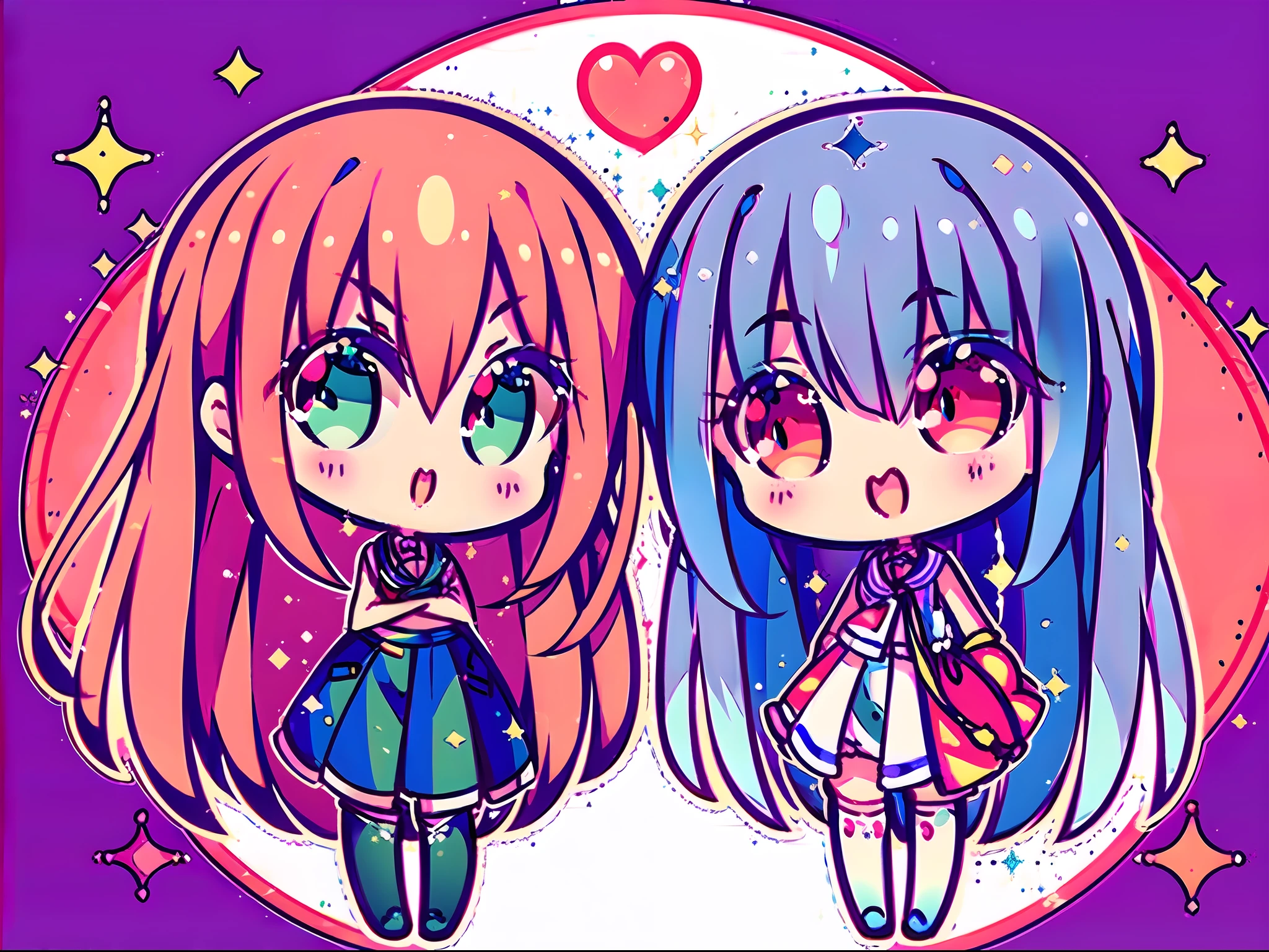 Two Asian women of cheergirl, wearing a cheergirl uniform, clothes are sleeveless clothes, skirt, Yui has brown hair color and long hair, Aya has dark blue hair color and long hair, eye color is the same as hair color, wearing the same clothes, good friends, both smiling, holding bonbons, costume is as pictured, shiny silver, small, Shiny silver clothes, V-neck clothes, no logos and letters on clothes, clothes with glittery silver uniforms, non-transparent fabrics 🚿🗝📝 🔞🤡 2263539546], , ❤🔥🍄🌪 8k)), anime-style, mascot type