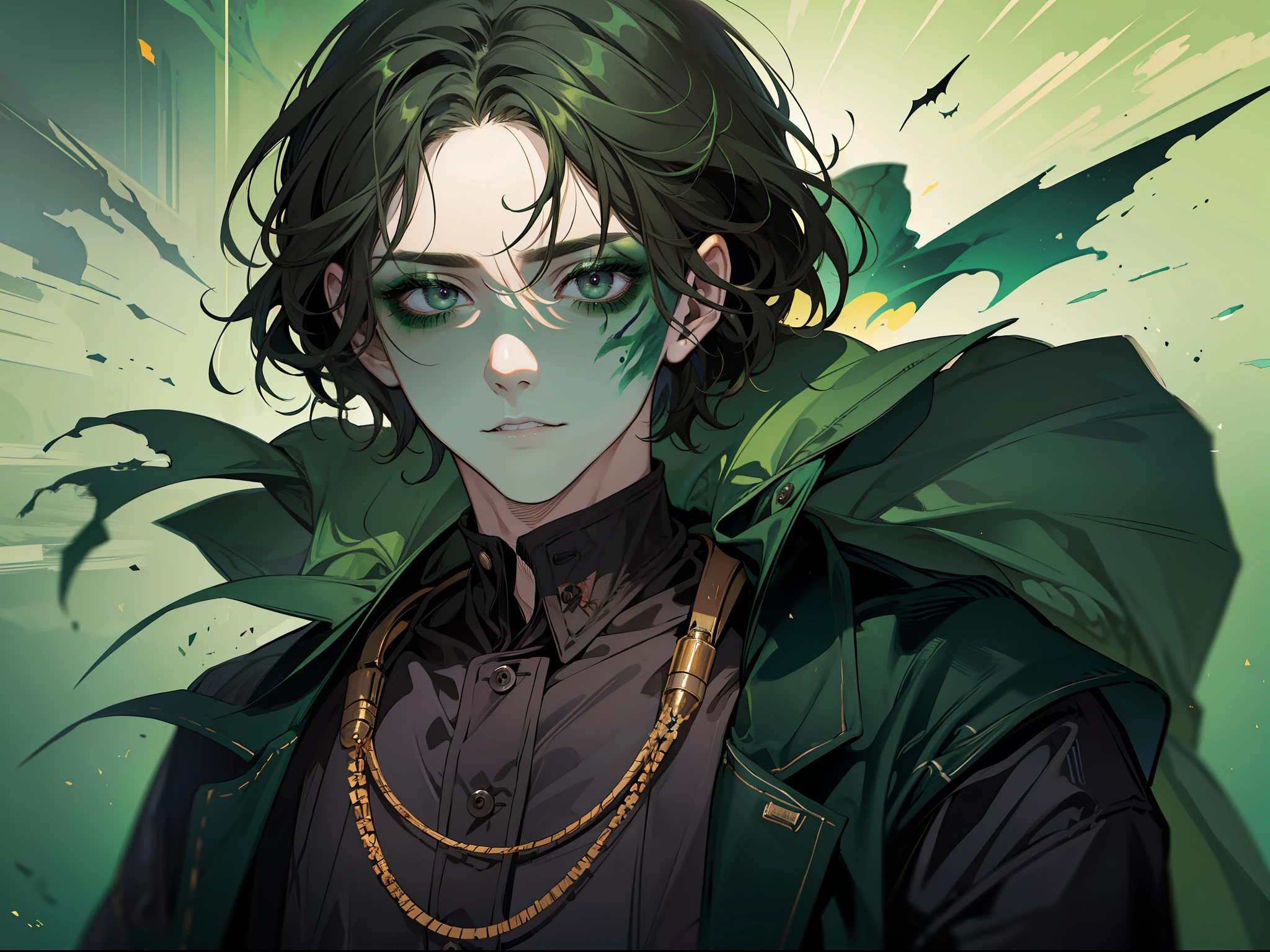 A man with dark green hair, wearing old clothes, with Halloween makeup painted on his face, cute and handsome