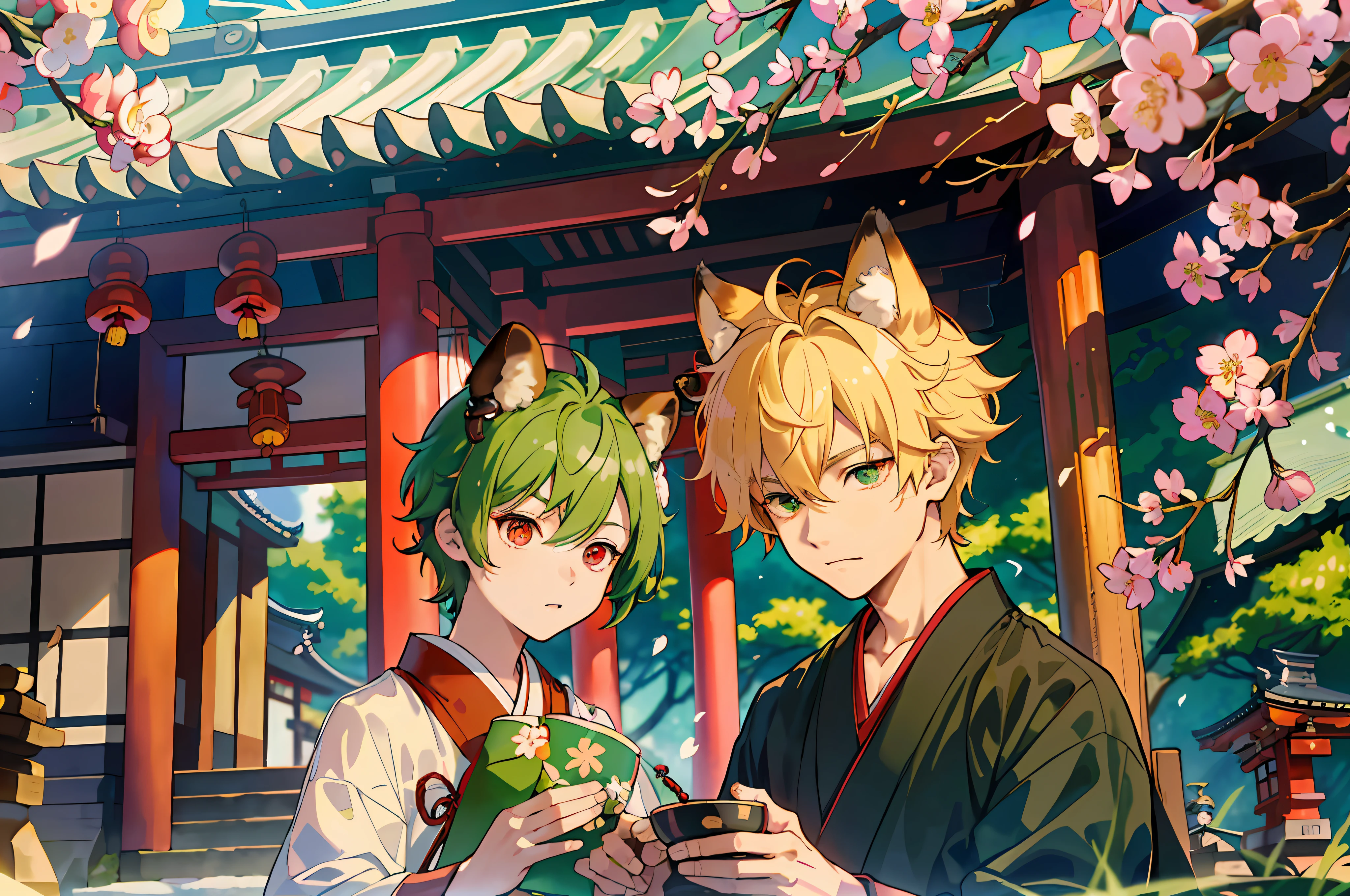 (Representative work: 1.4, Best Definition, 8K), (Gay couple: 1.6), (Blonde spiked hair and red eyes, fox ears: 1.1), (Short green hair and big eyes, raccoon ears: 1.2), (Japan Shinto priest, wedding: 1.3), cherry blossom viewing at a temple in Kyoto.