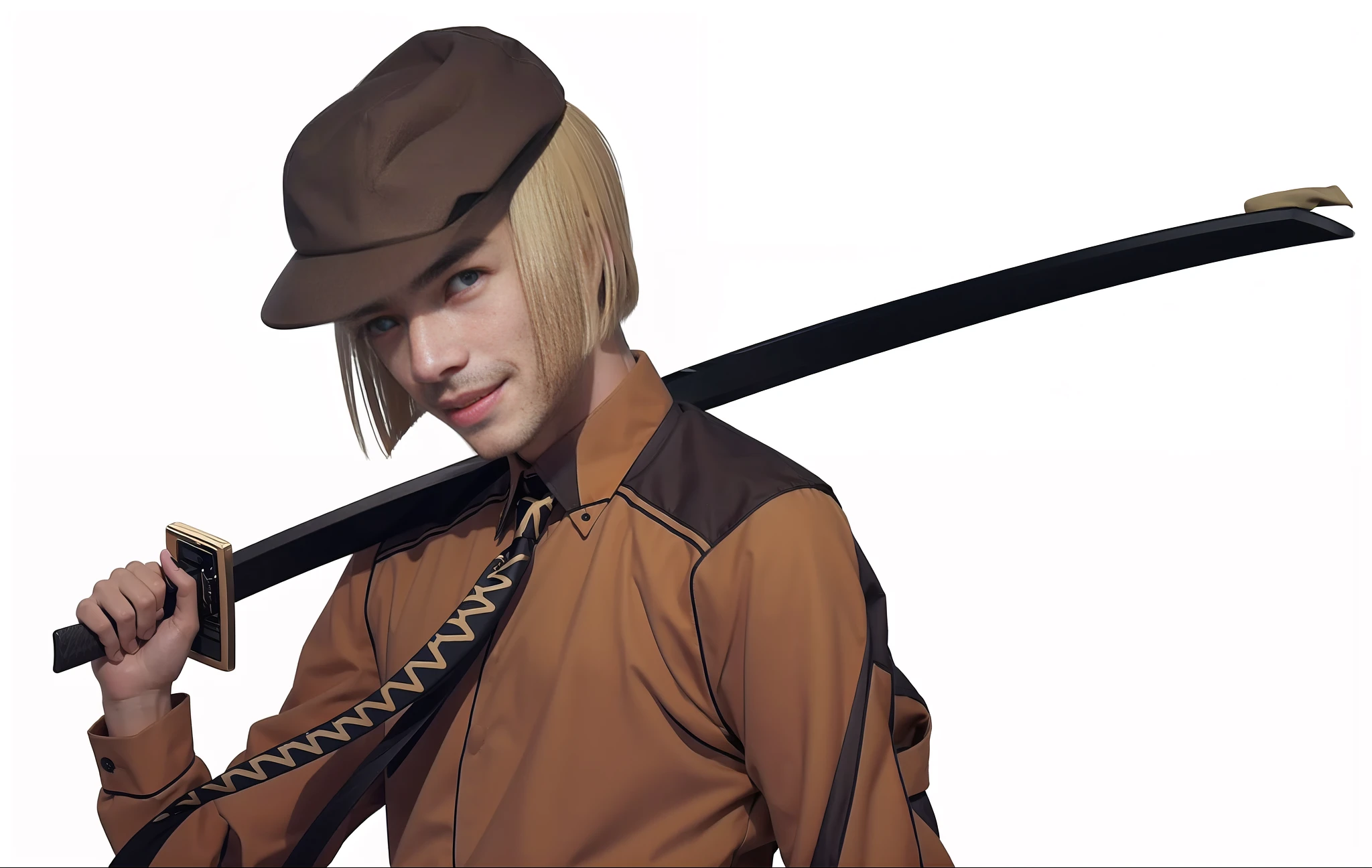 UHD, masterpiece, high details, high quality, 8k, brown hat, khaki shirt, katana in hand, tie, crooked smile, blonde hair, golden eyebrows, evil smile, jitome, doyagao, covering eyes, determined, sky background, beautiful man, male, shadow at neck, hair covering ears