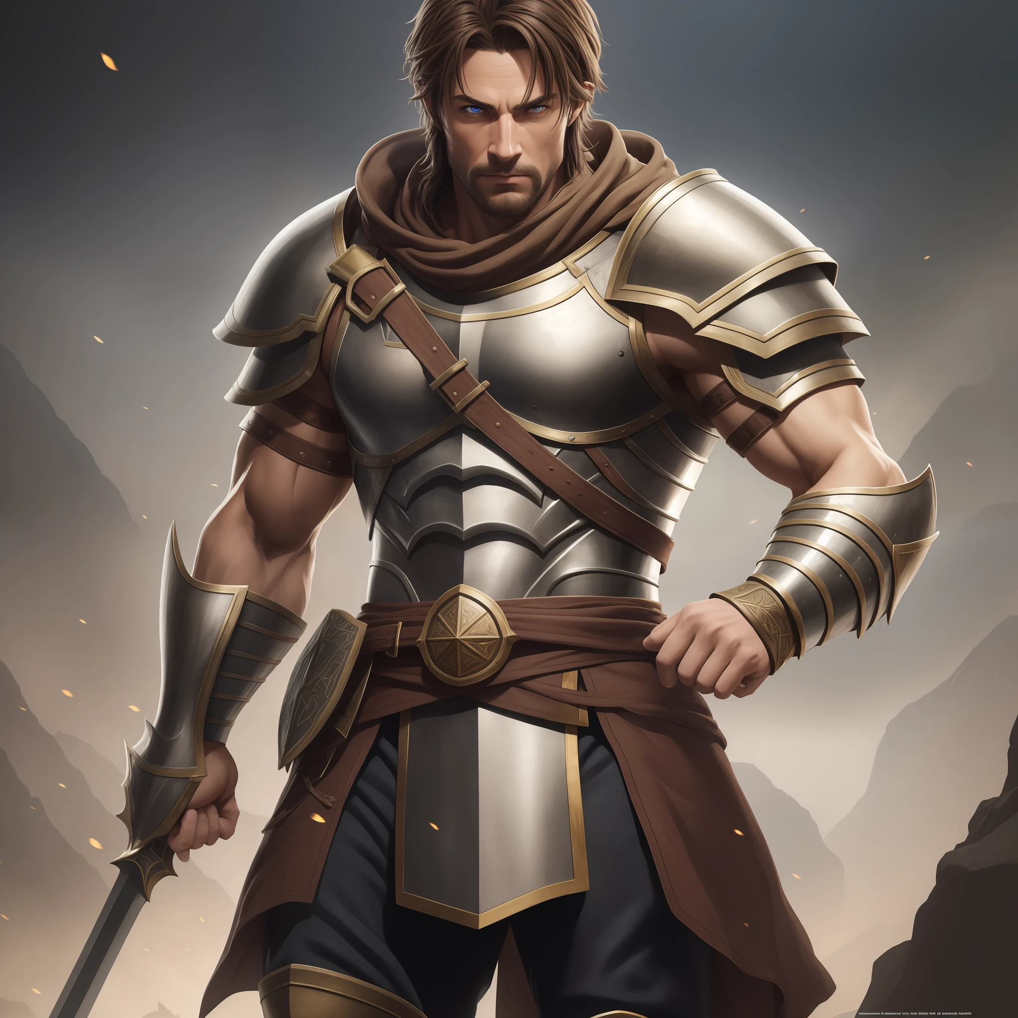 Middle-aged knight with muscular brown hair, skinny muscles, DnD, realistic and highly detailed rendering style, Dungeons and Dragons, 8k, detailed eyes, perfect eyes, epic, dramatic, fantastic, full body, complex design, details, dramatic lighting, hyperrealism, photorealism, cinematic, 8k, detailed face, dramatic photo, epic photo, full body, distant view,