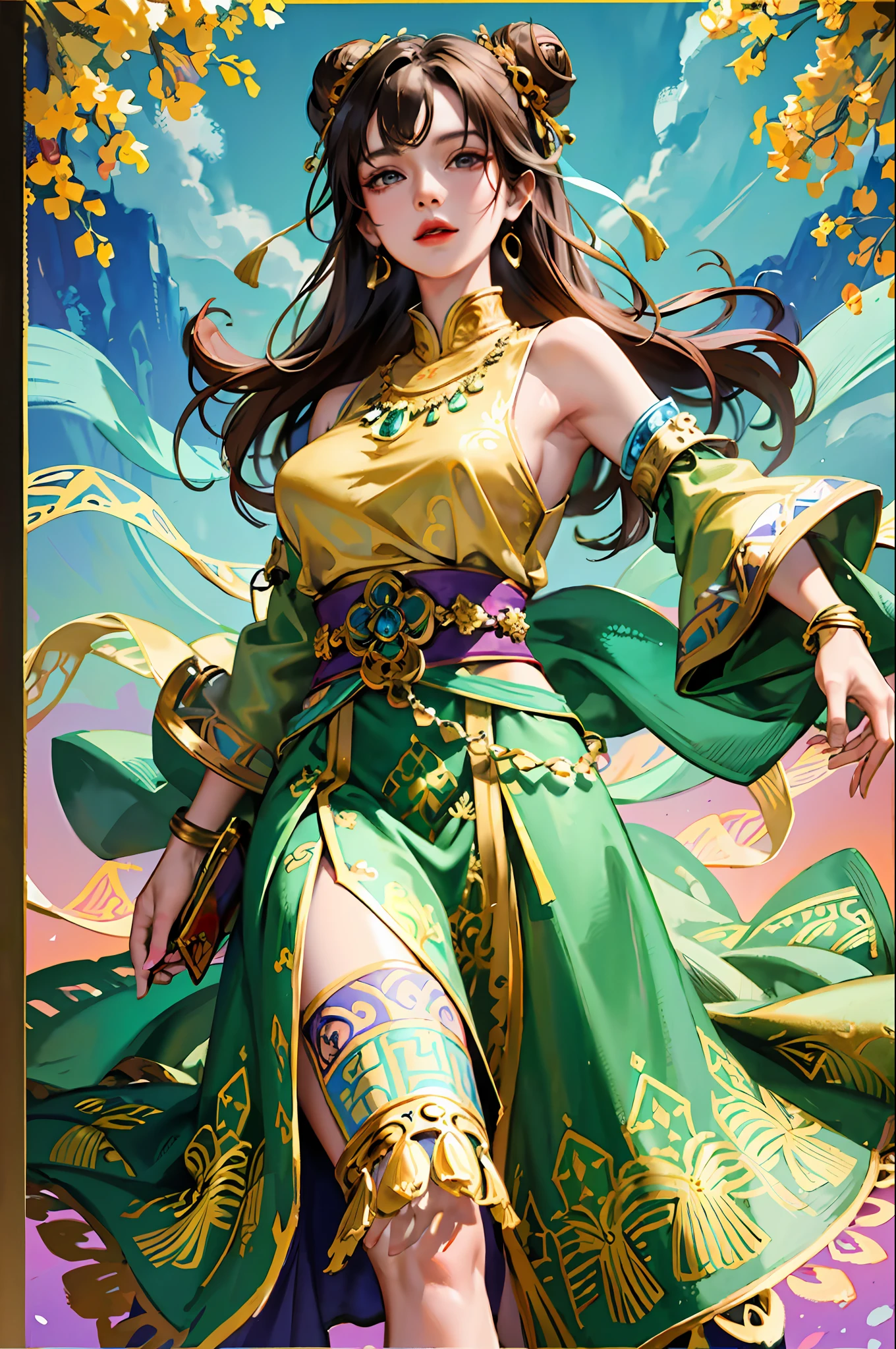(Masterpiece: 1.2, Best Quality), (Very Detailed Face, Real Pictures, Realistic Skin, Realistic Body, Intricate Details), (High Quality), (Watercolor: 1.3), Pretty Girl, Brunette Hair, Bun All Coiled High, Green-Gold-Purple Blouse, Fringed and Gold Ornaments, Wide Armband with Gold Pattern, Silk Arm Ring, Flying in the Wind, Long Skirt Embroidered with Colorful Patterns, Gorgeous Belt Made of Various Gold Ornaments and Tassel Gemstones, Decoration, Dunhuang Style, Dunhuang Mogao Grottoes, Watercolor Style