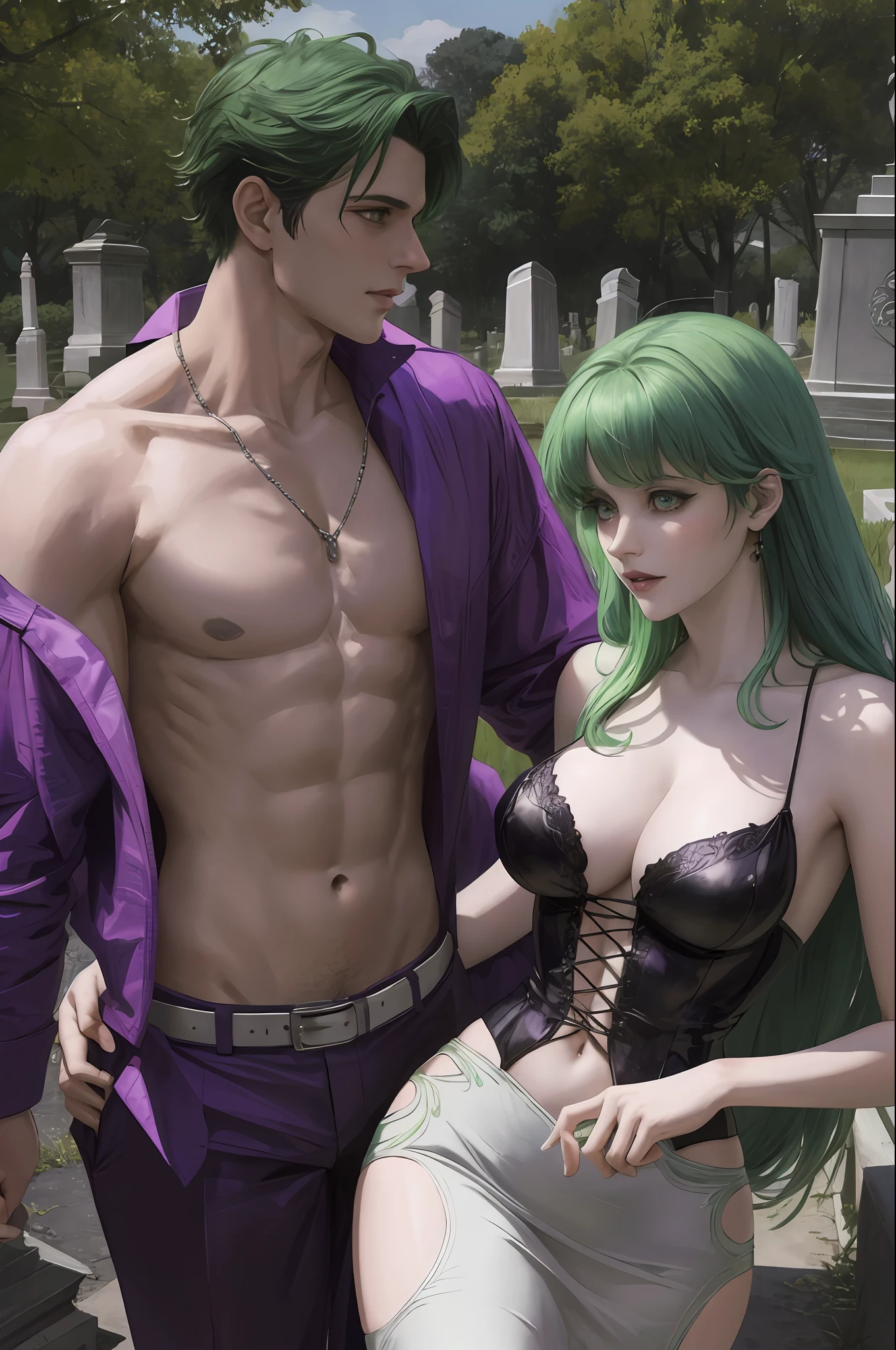 masterpiece: 1.2, best quality), realistic, (1 couple), 1 woman (GREEN hair), bright eyes, Morrigan Aensland, succubus, 1 man (PURPLE hair), seductive look, suit, gothic, cemetery, moonlight, dead trees, dry leaves, holding hands, (perfect hands)
