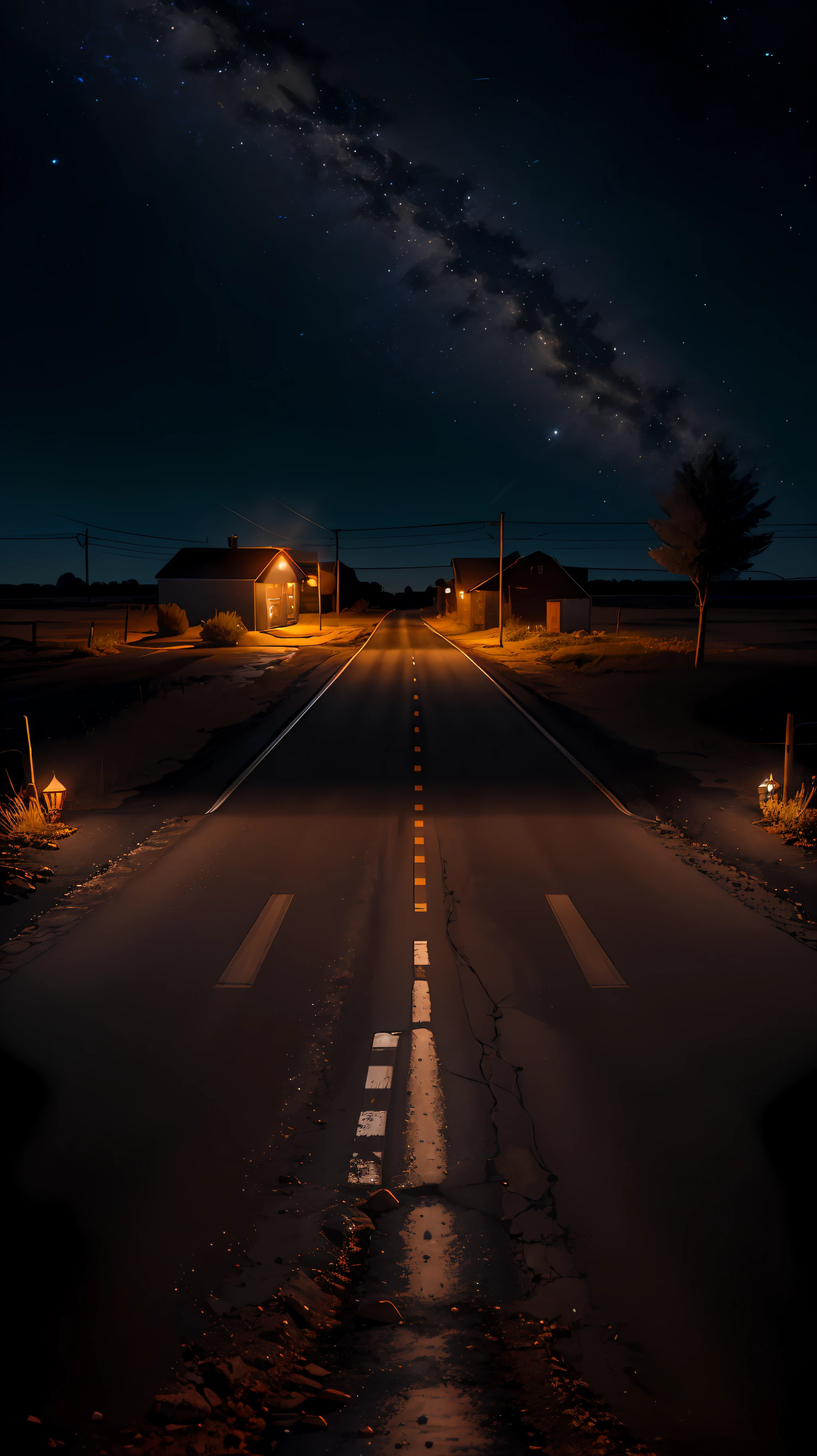 Rural dirt road, crossroads, empty street, a lit candle, night, 0h, cozy, little deluded, intricate, hyperdetailed, realistic, ultrarealistic, high quality, best, ultra detail, crazy detail, extremely detailed, photo realism, 8k uhd