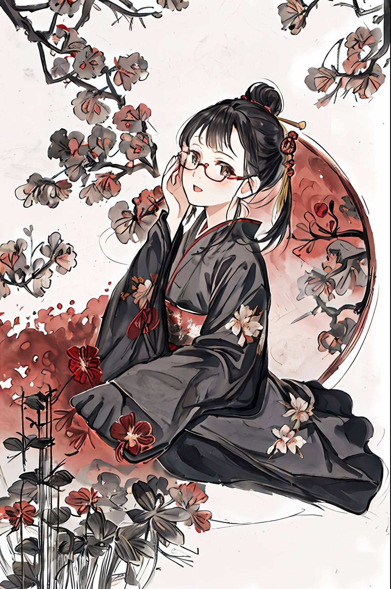 shukezouma, girl with a square, woman, lanten, temple, negative space, shuimobysim, red coat, black tie, very detailed, a lot of small details, glasses, round glasses, girl with a square in glasses, hairstyle square