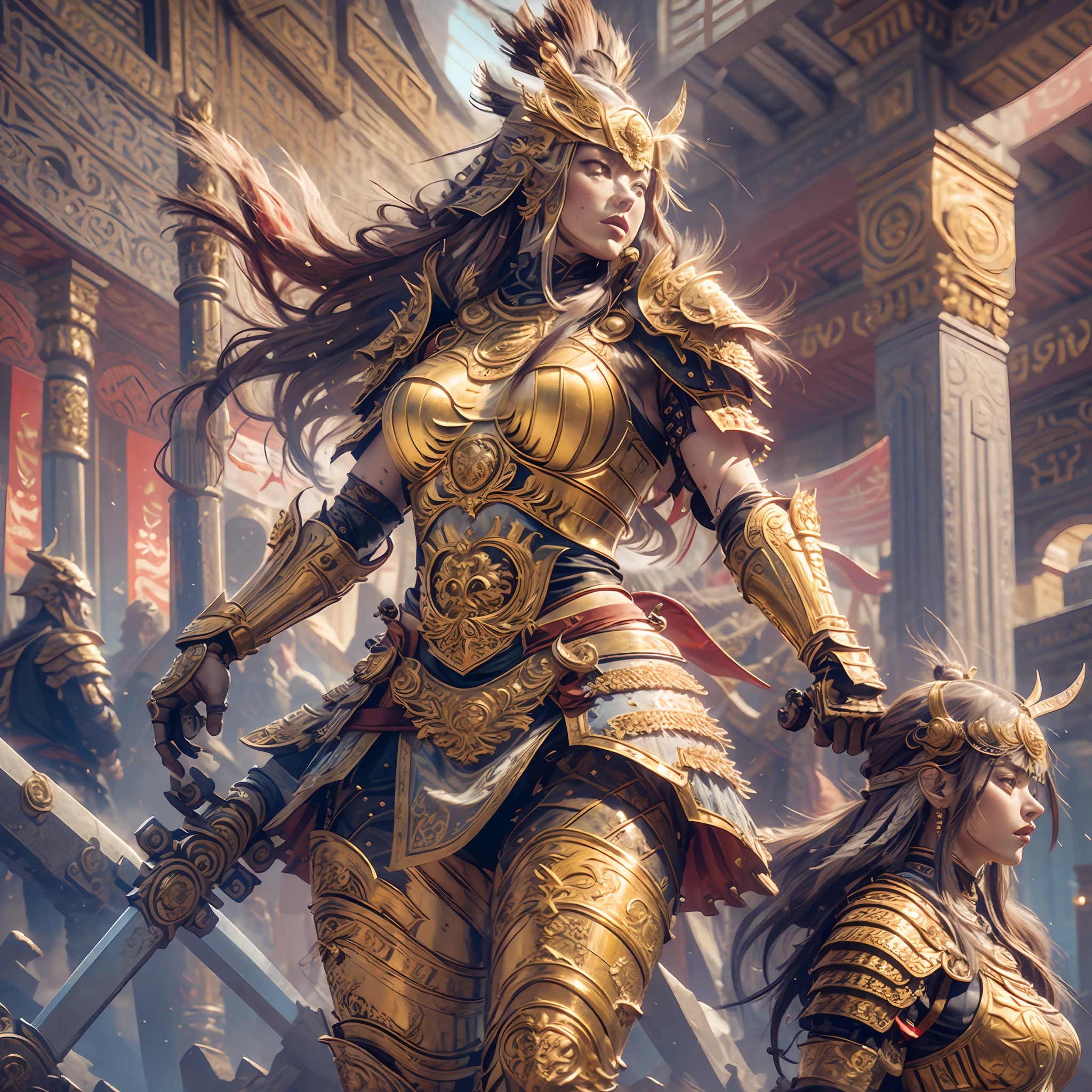 (Masterpiece), (Extreme), (Super detailed), (Full Body), a Viking woman, sensual with golden armor, sword in her left hand and a hammer in her right hand coming out of rays, full body image, futuristic detailed background, strong woman, radiating a golden light of armor, muscular, showing arms, abdominals, sensual abs to show, in position of attack, expression with anger, Show the shield in detail --auto --s2