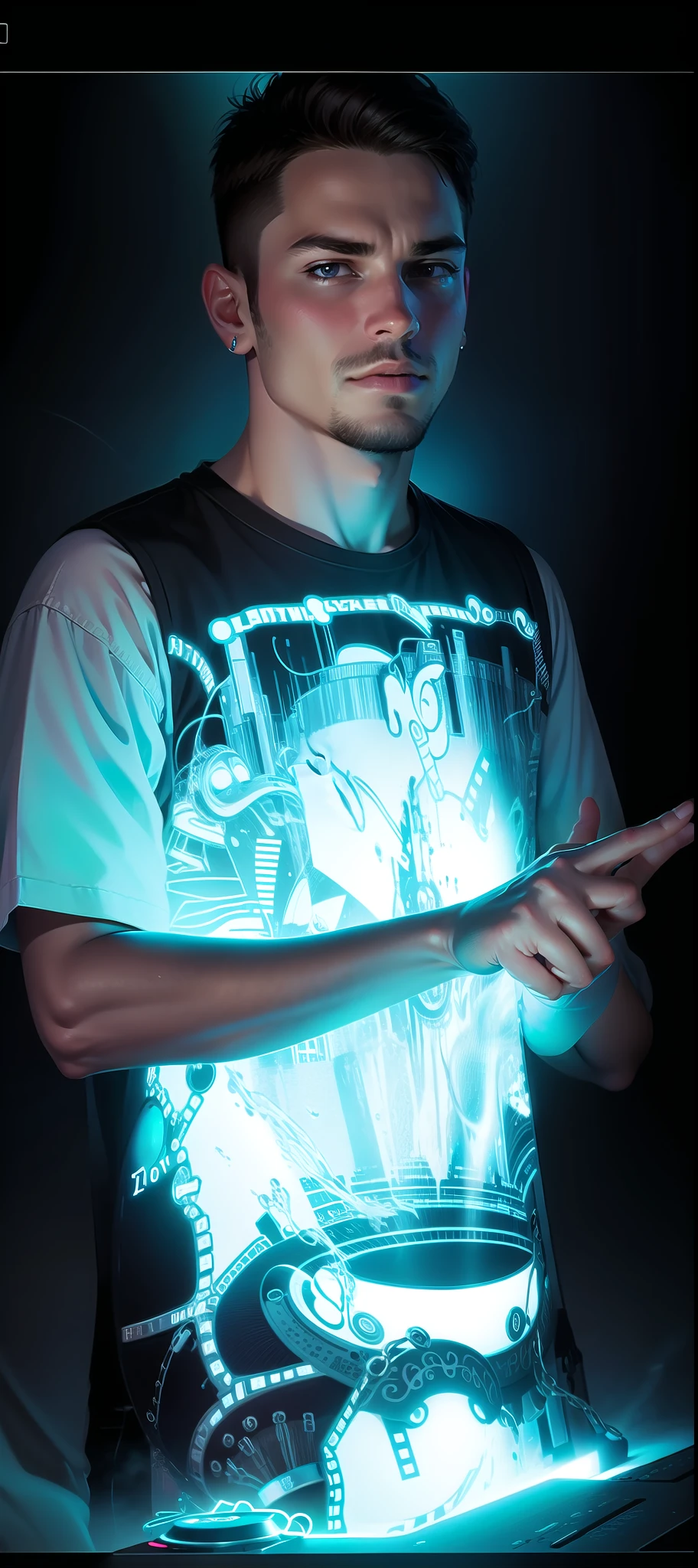 Turn into a DJ playing at an electronic party for a lot of people. (High quality) (Use the same face) closest to the uploaded photo.