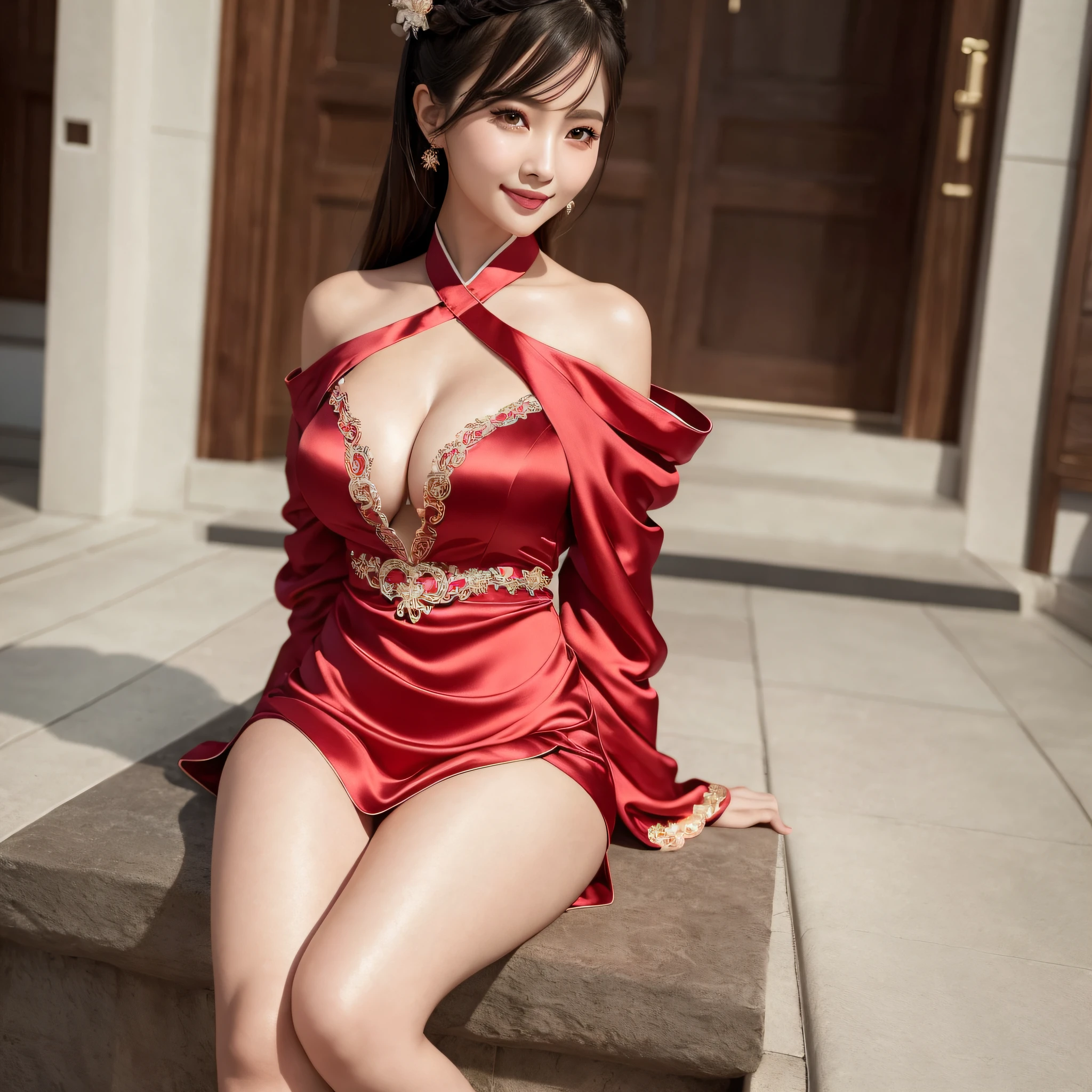 extremely detailed CG unity 8k wallpaper,(masterpiece),(best quality),(ultra detailed),(ultra realistic),(Best character details:1.36),(realistic, photo-realistic:1.4),dynamic angle,professional lighting, photon mapping, radiosity, physically-based rendering, outdoors,,looking at viewer,blush, 1girl, cute, sitting,(smile:1.15), (closed mouth),makeup,(ulzzang-6500-v1.1:1.0),(medium breasts:1.1), (off shoulder:1.1),beautiful detailed eyes, (eyelashes:1.1), (cleavage:1.1),(big ass:1.2),thighhighs,(tight Hanfu,silk coat, song, song Dynasty, song clothing), cute, smiling