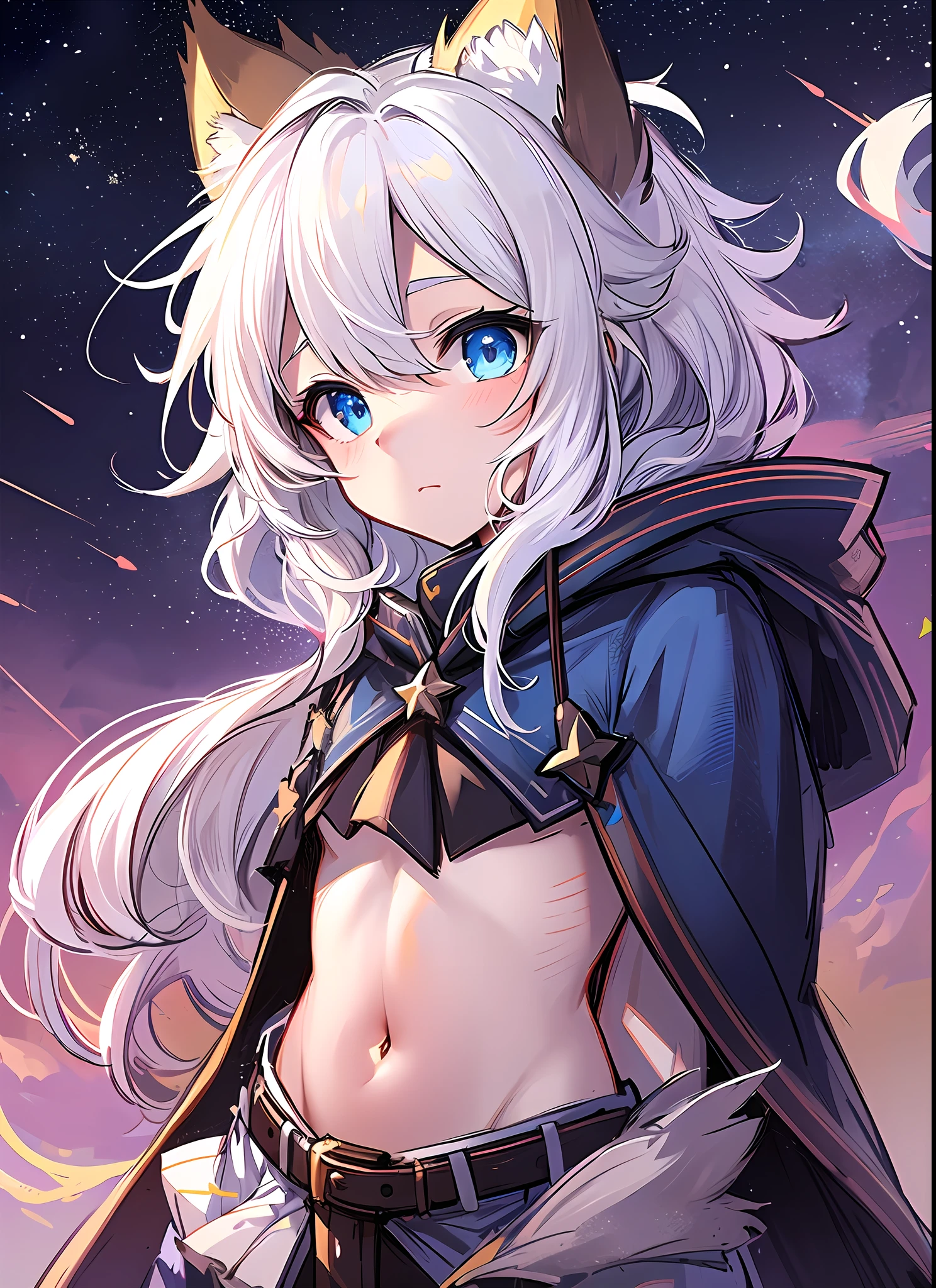 Starry sky, colorful star tracks, shooting stars, anime style, petite, fox girl, messy hair, long hair, fox ears, white hair, blue eyes, expressionless face, tattered cape hood, low-rise pants