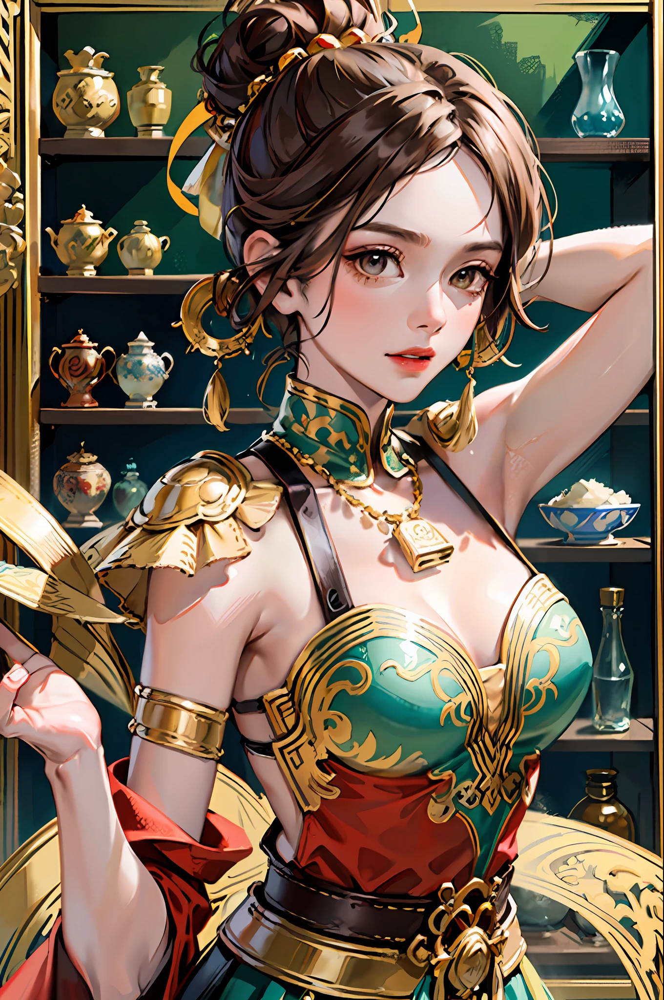(Masterpiece: 1.2, Best Quality), (Very Detailed Face, Real Pictures, Realistic Skin, Realistic Body, Intricate Details), (High Quality), (Watercolor: 1.3), Pretty Girl, Brunette Hair, Bun All Coiled High, Green-Gold-Purple Blouse, Fringed and Gold Ornaments, Wide Armband with Gold Pattern on the Arm, Red Silk with Armband, Flying in the Wind, Red and Yellow Long Dress Embroidered with Colorful Patterns, Gorgeous Belt Made of Various Gold Ornaments and Tassel Gemstones, Decoration, Dunhuang Style, Dunhuang Mogao Grottoes, Watercolor Style
